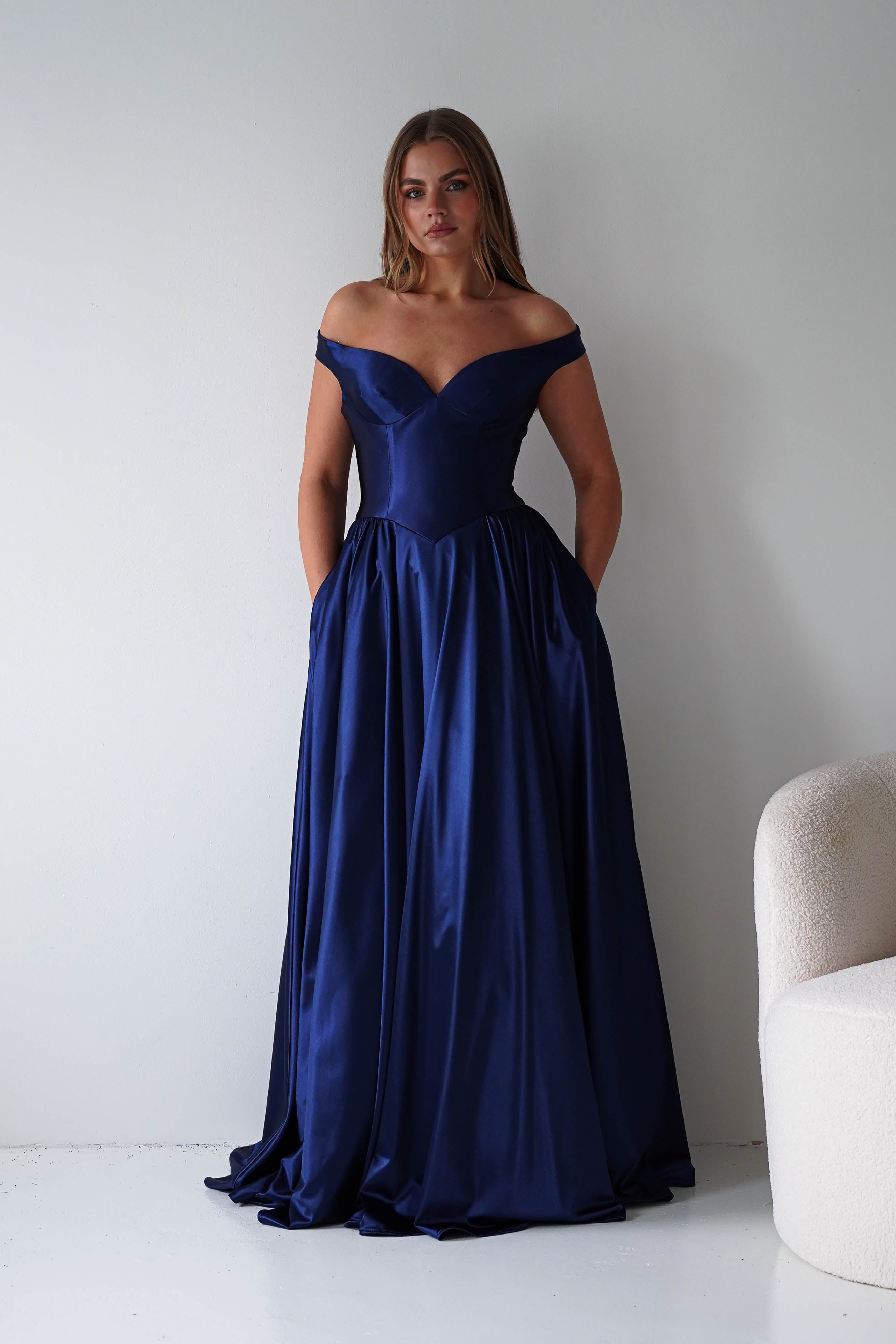 Oh Hello Clothing Dresses > Prom Dresses Irenia Off The Shoulder Structured Maxi Gown | Navy