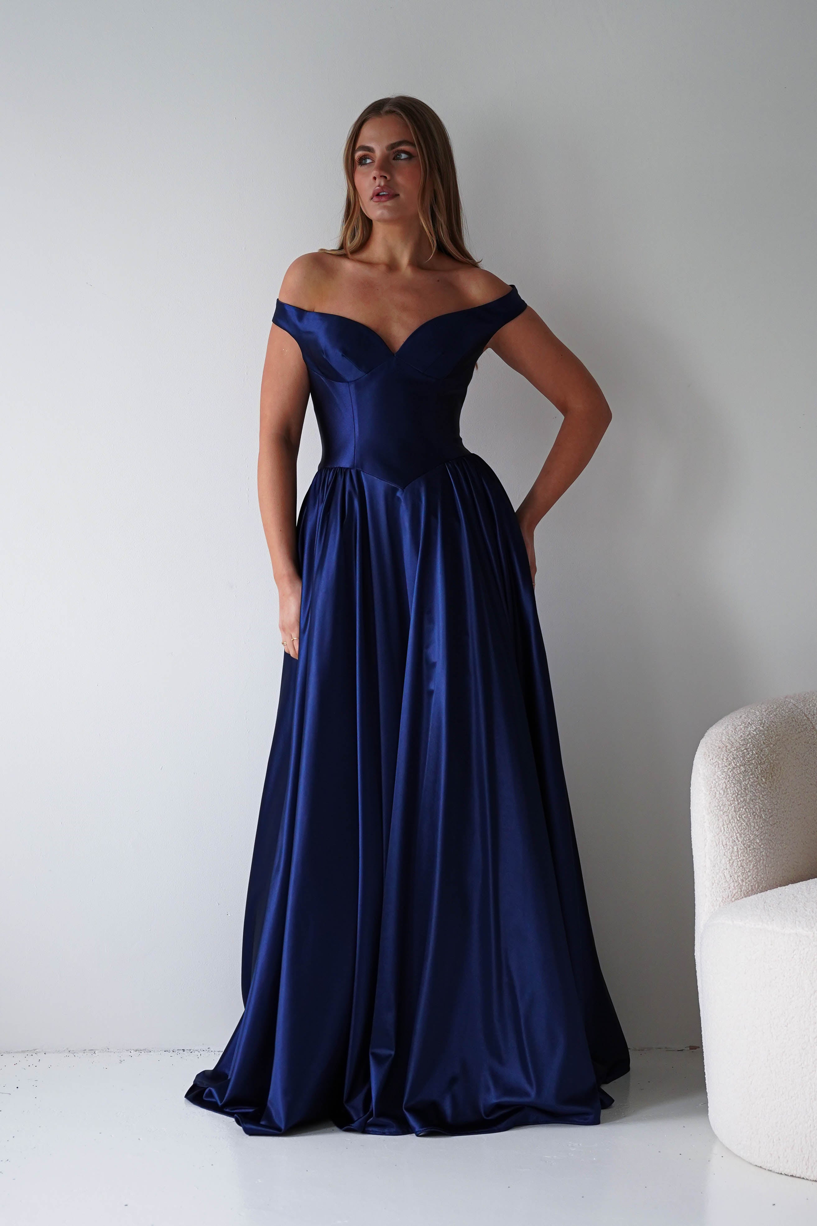 Oh Hello Clothing Dresses > Prom Dresses Irenia Off The Shoulder Structured Maxi Gown | Navy