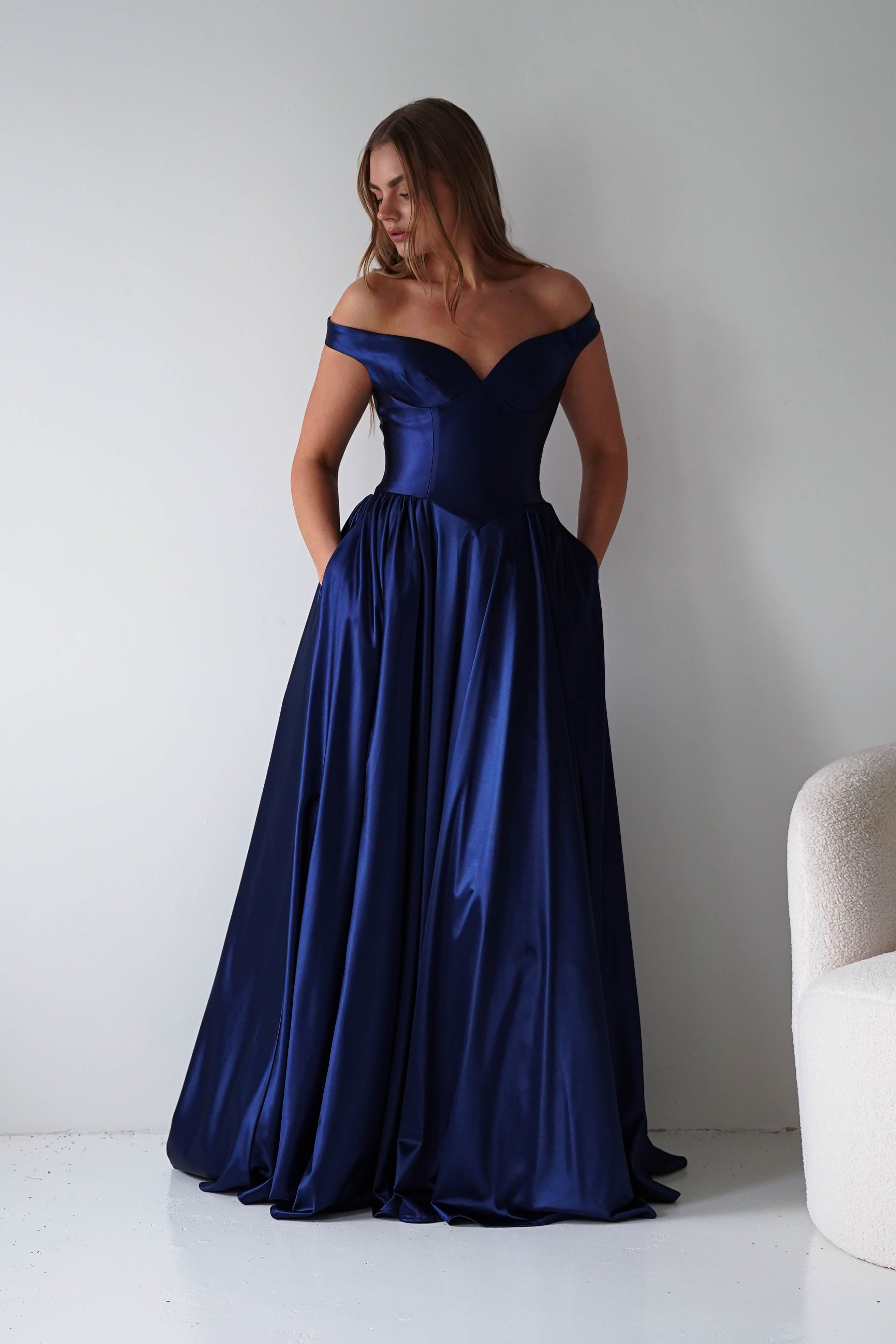 Oh Hello Clothing Dresses > Prom Dresses Irenia Off The Shoulder Structured Maxi Gown | Navy