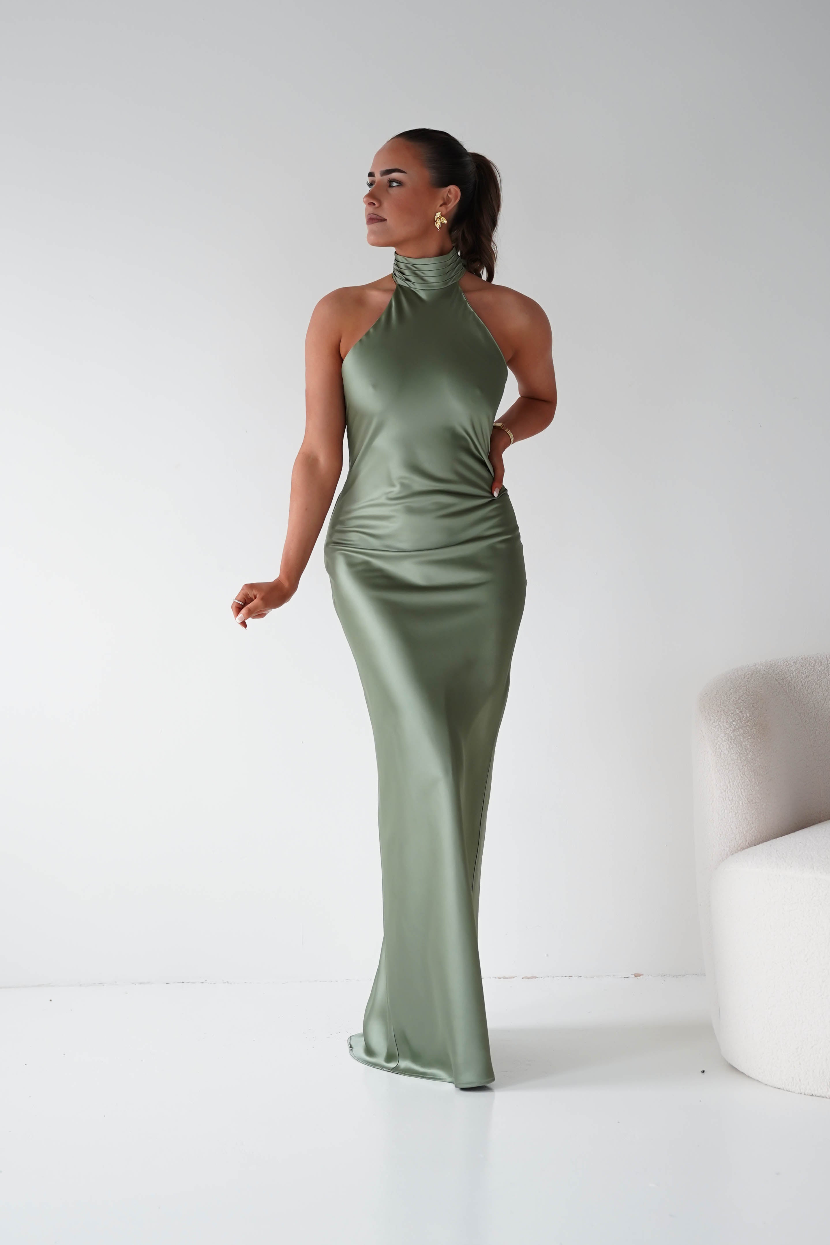 Oh Hello Clothing Women > Clothing > Dresses Isla Halterneck Maxi Slip Dress | Olive