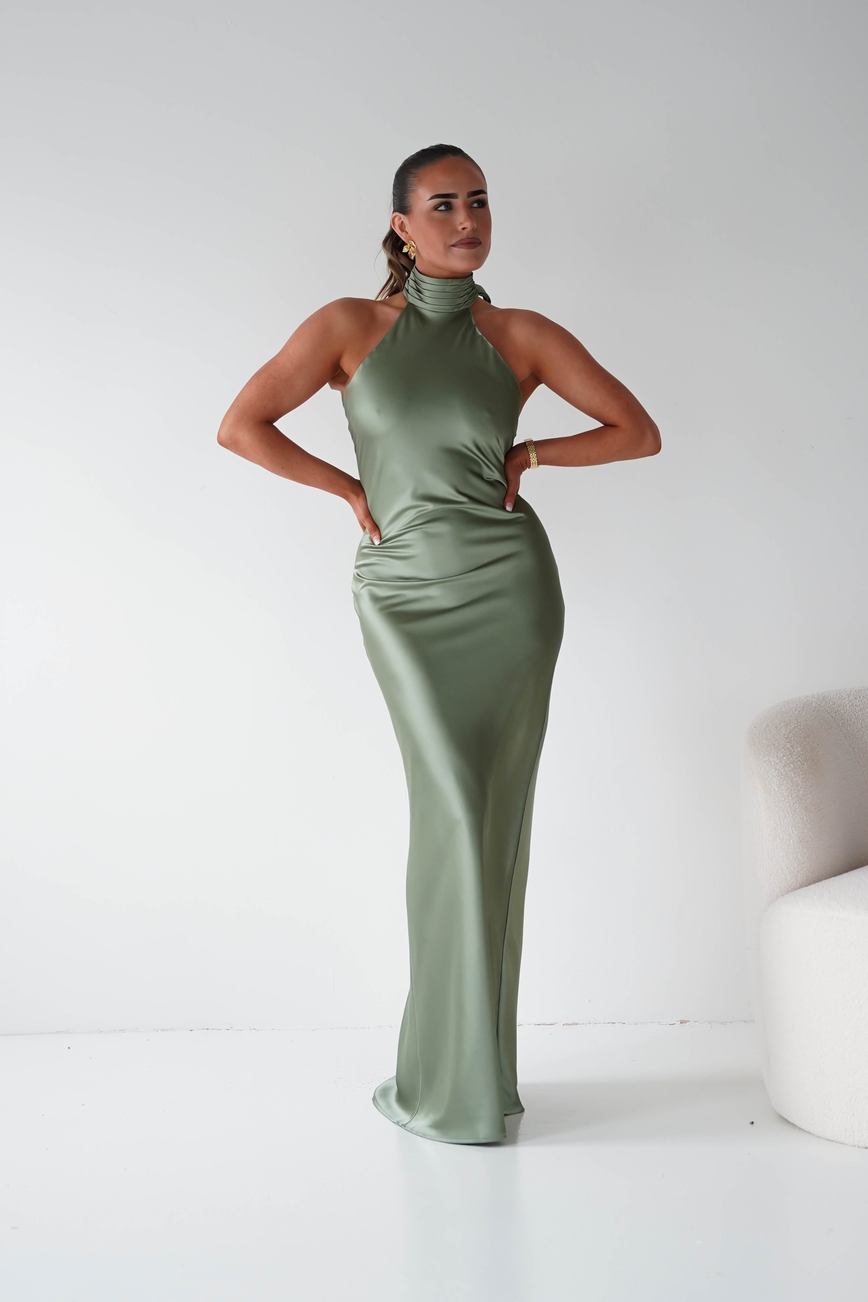 Oh Hello Clothing Women > Clothing > Dresses Isla Halterneck Maxi Slip Dress | Olive