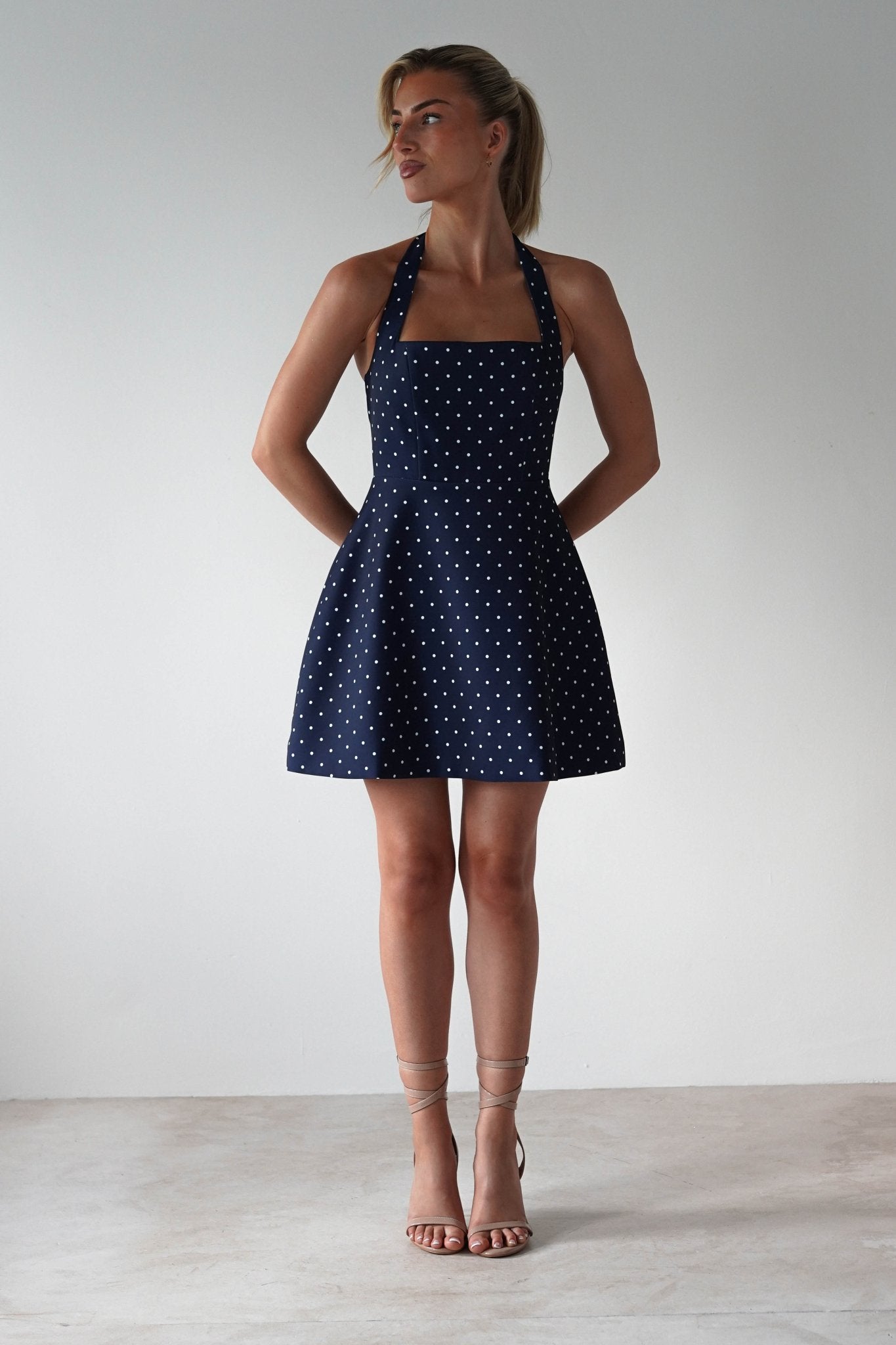 Isobel Polka Dot Halterneck Mini Dress | Navy | Oh Hello Clothing | XS (6)