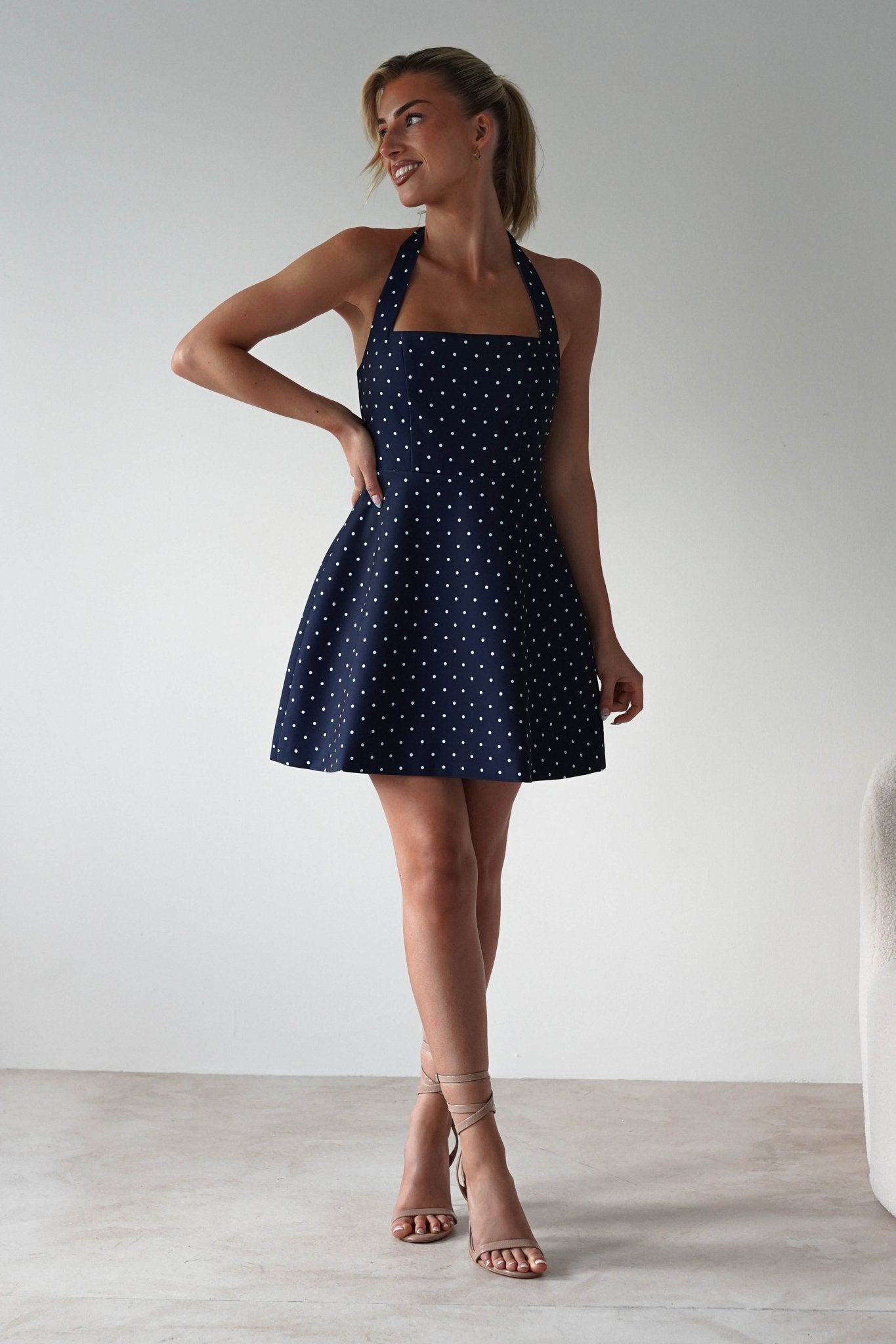 Isobel Polka Dot Halterneck Mini Dress | Navy | Oh Hello Clothing | XS (6)