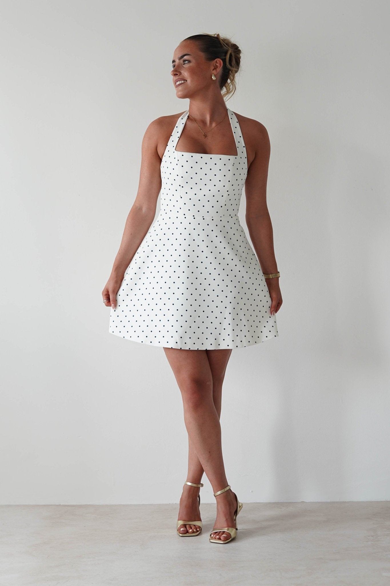 Isobel Polka Dot Halterneck Mini Dress | White | Oh Hello Clothing | XS (6)