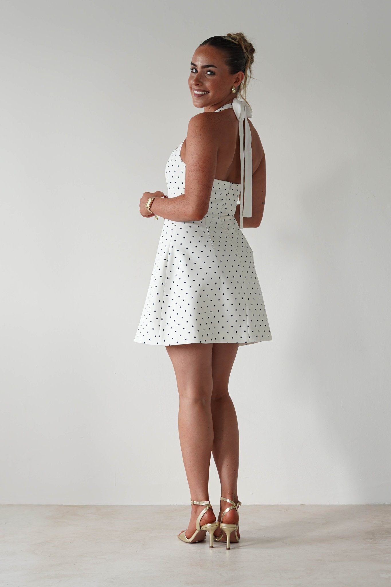 Isobel Polka Dot Halterneck Mini Dress | White | Oh Hello Clothing | XS (6)
