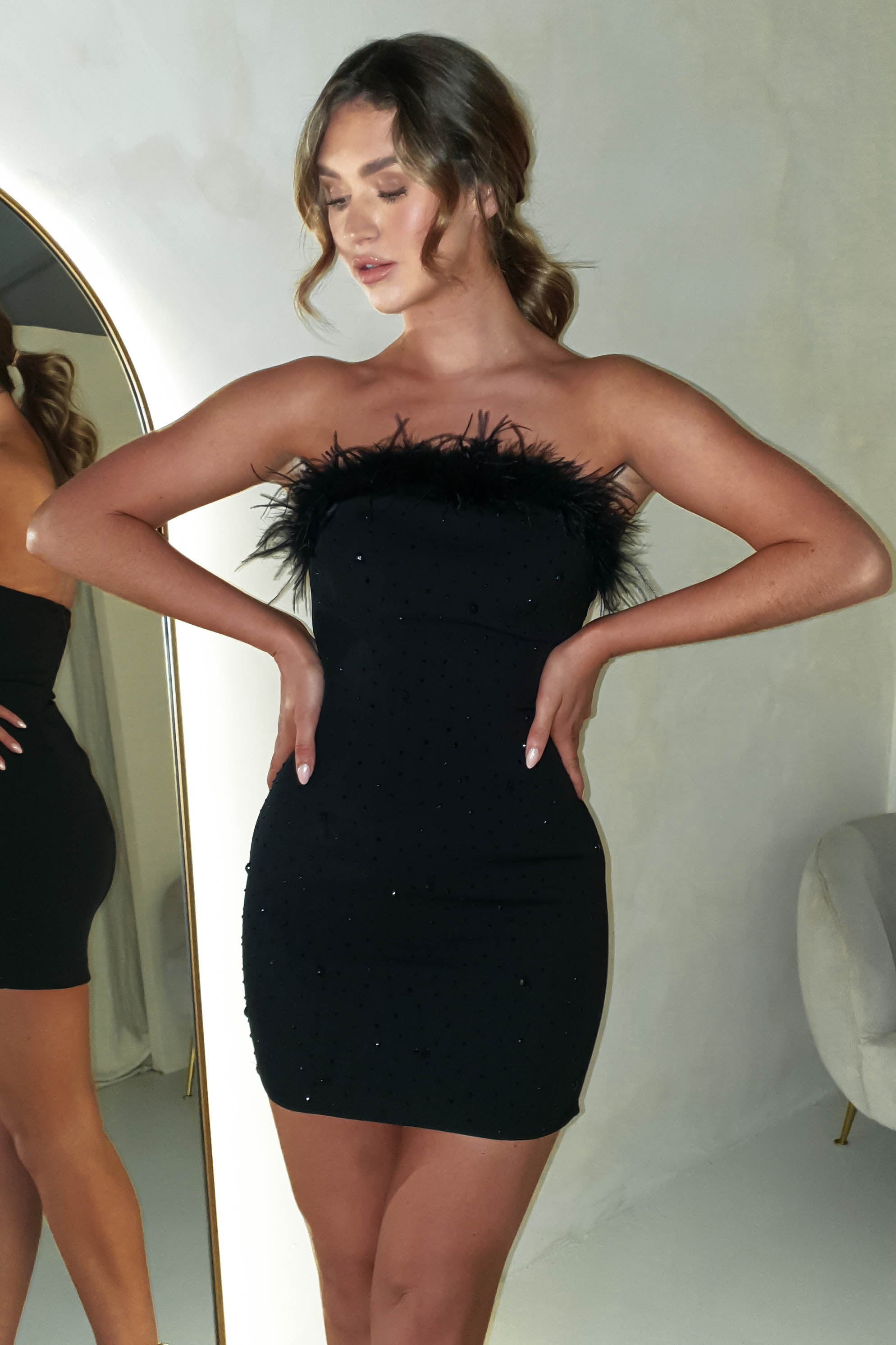 Jaspha Diamante Feather Mini Dress | Black