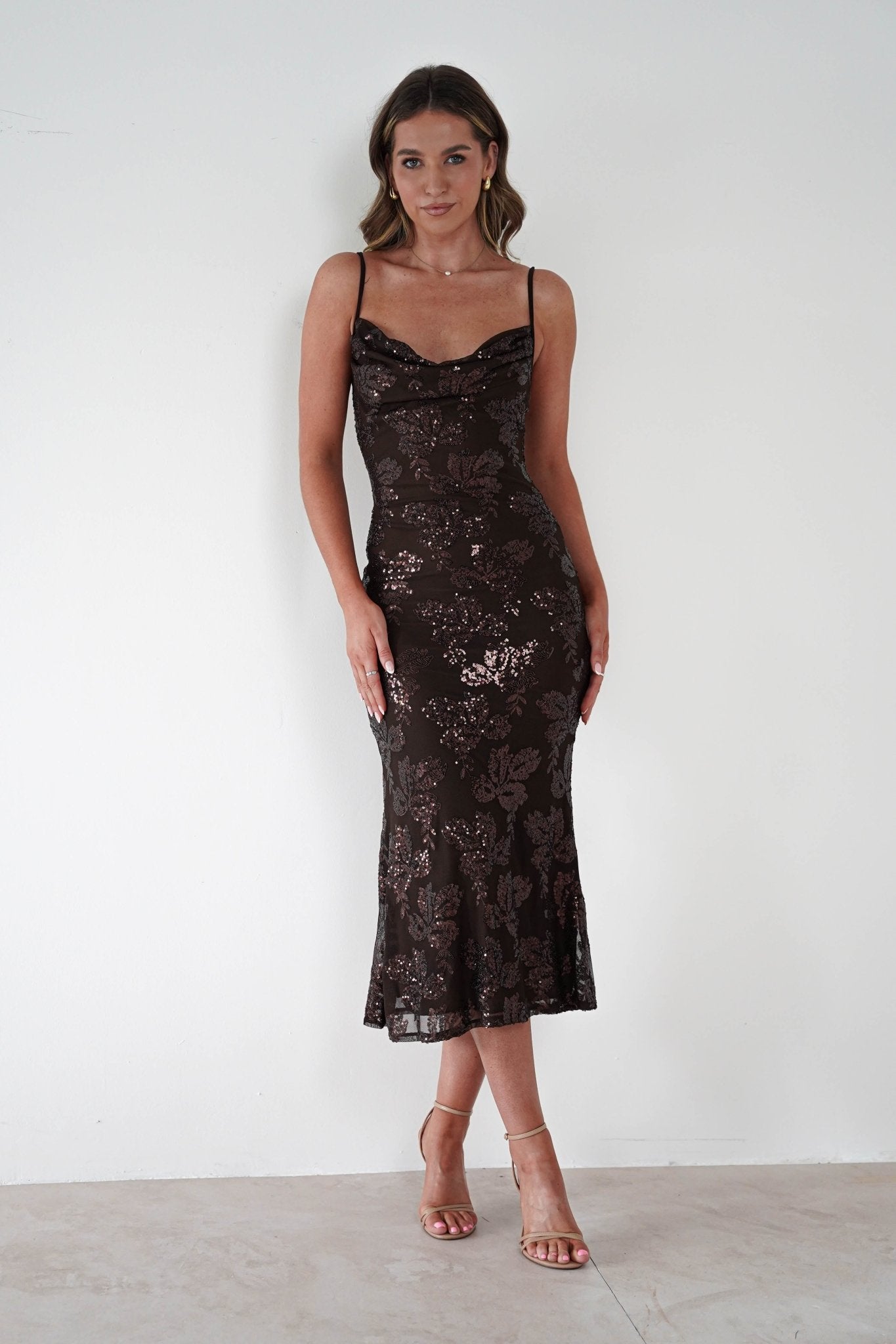 Jayna Sequin Floral Cowl Neck Midi Dress | Brown | Oh Hello Clothing | S - M - (8/10)
