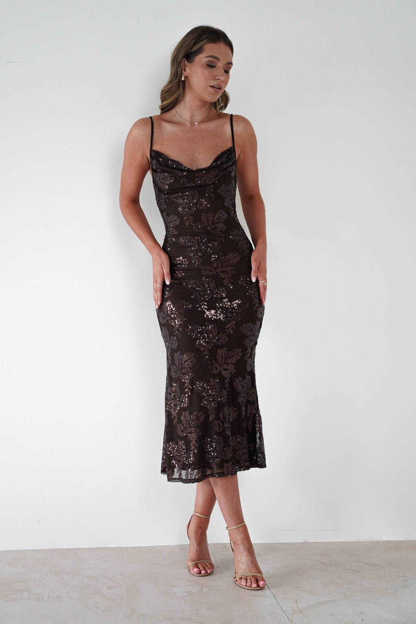Jayna Sequin Floral Cowl Neck Midi Dress | Brown | Oh Hello Clothing | S - M - (8/10)