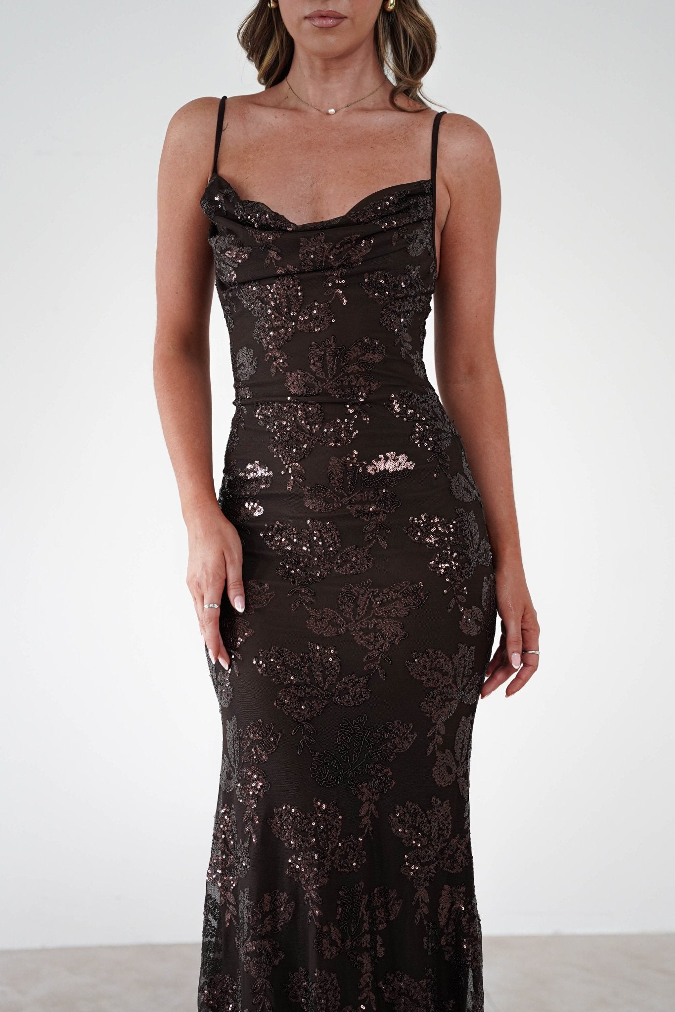 Jayna Sequin Floral Cowl Neck Midi Dress | Brown | Oh Hello Clothing | S - M - (8/10)