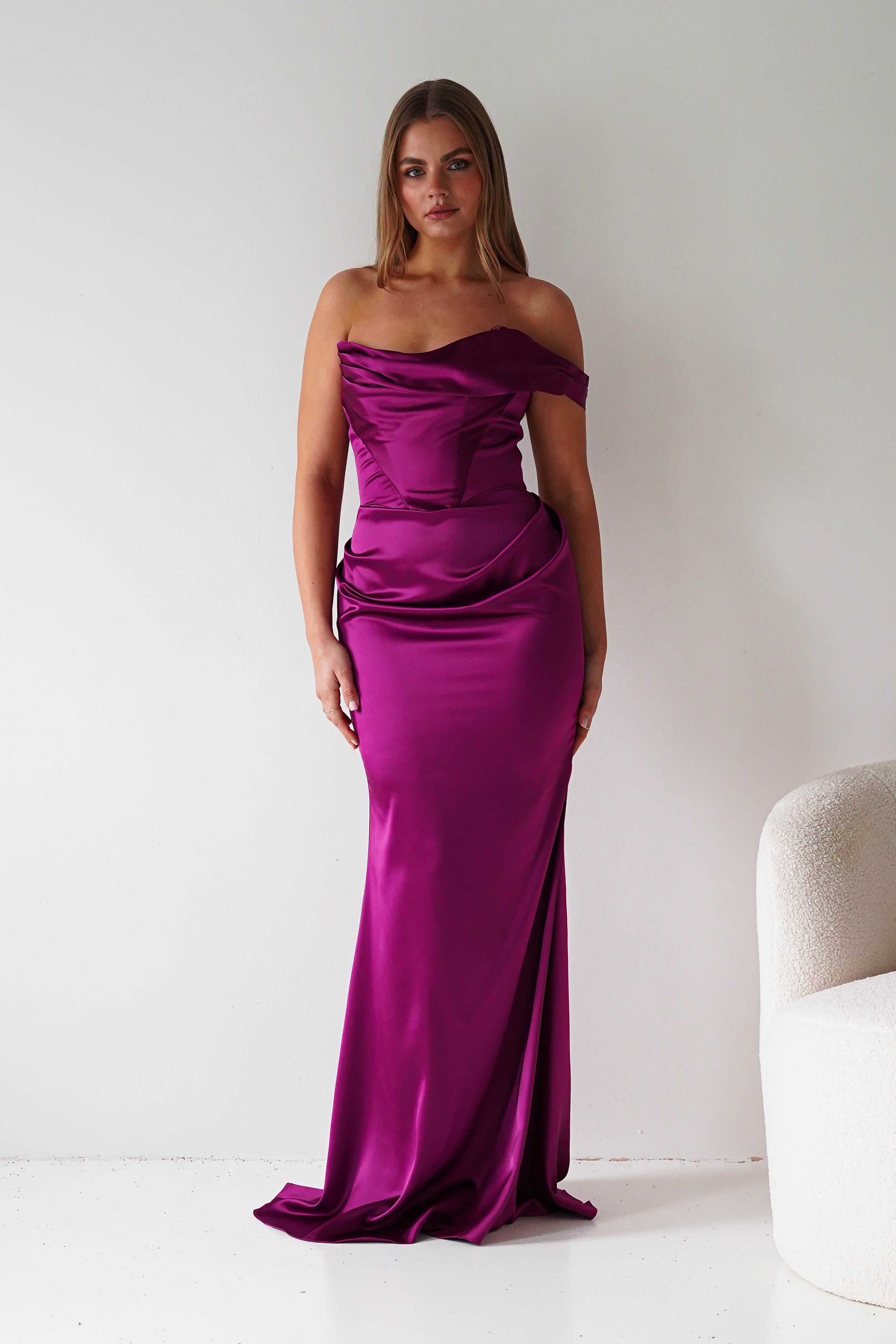 Oh Hello Clothing Dresses > Prom Dresses Jessel Satin One Shoulder Draped Maxi Gown | Berry
