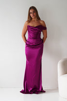 Oh Hello Clothing Dresses > Prom Dresses Jessel Satin One Shoulder Draped Maxi Gown | Berry