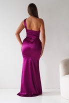 Oh Hello Clothing Dresses > Prom Dresses Jessel Satin One Shoulder Draped Maxi Gown | Berry