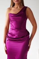 Oh Hello Clothing Dresses > Prom Dresses Jessel Satin One Shoulder Draped Maxi Gown | Berry
