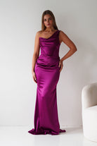 Oh Hello Clothing Dresses > Prom Dresses Jessel Satin One Shoulder Draped Maxi Gown | Berry