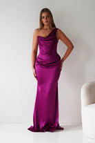 Oh Hello Clothing Dresses > Prom Dresses Jessel Satin One Shoulder Draped Maxi Gown | Berry