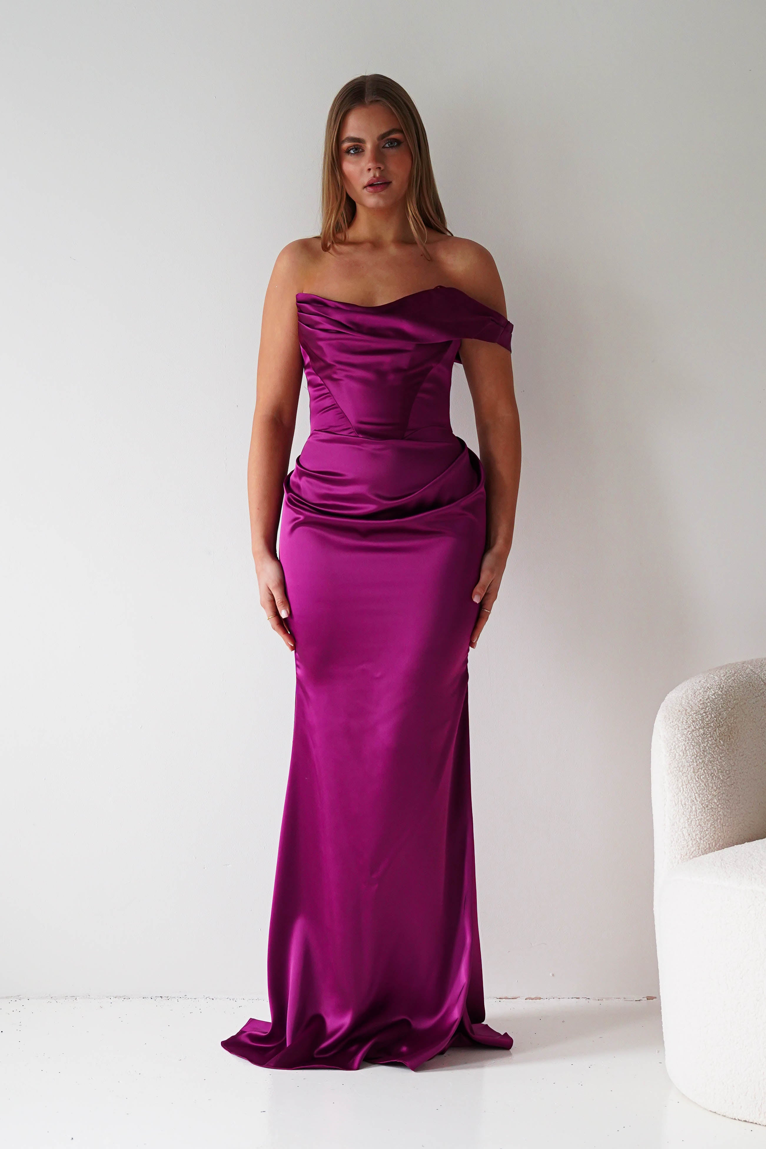 Oh Hello Clothing Dresses > Prom Dresses Jessel Satin One Shoulder Draped Maxi Gown | Berry