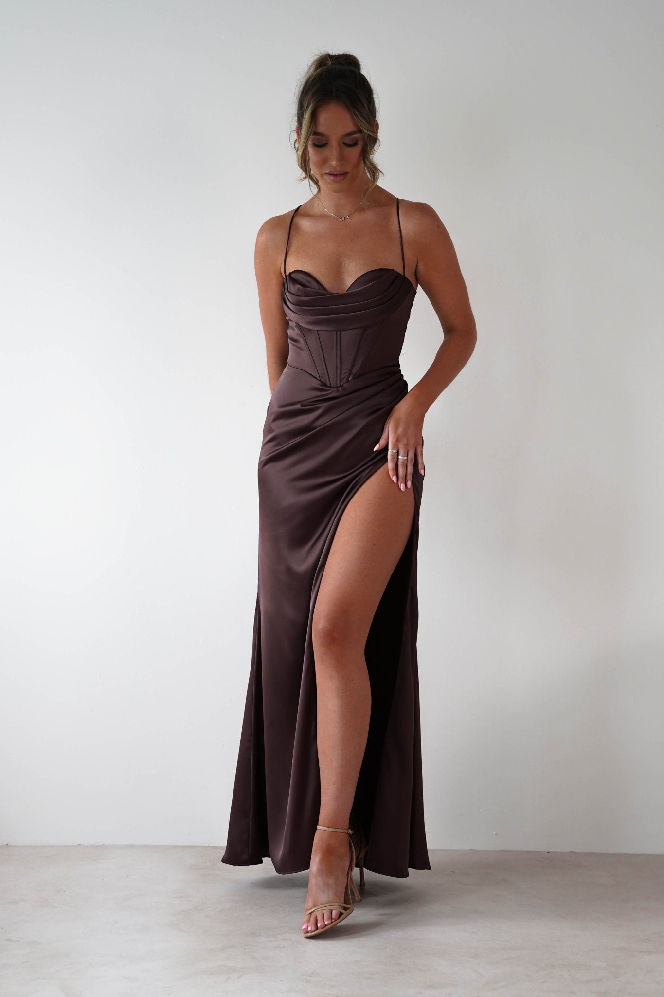 Julianne High Slit Corset Satin Gown | Brown | Oh Hello Clothing | XS (6)