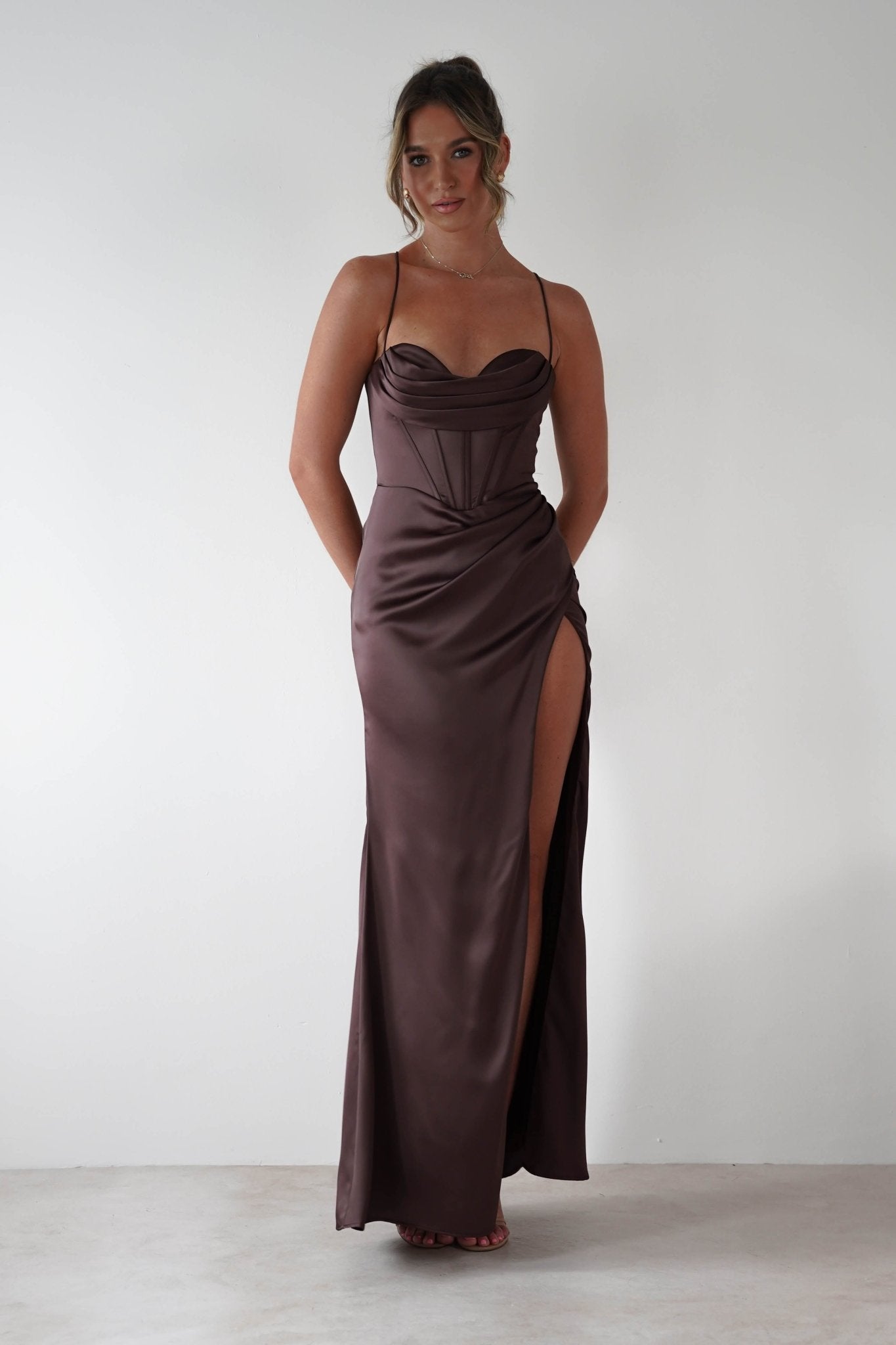 Julianne High Slit Corset Satin Gown | Brown | Oh Hello Clothing | XS (6)
