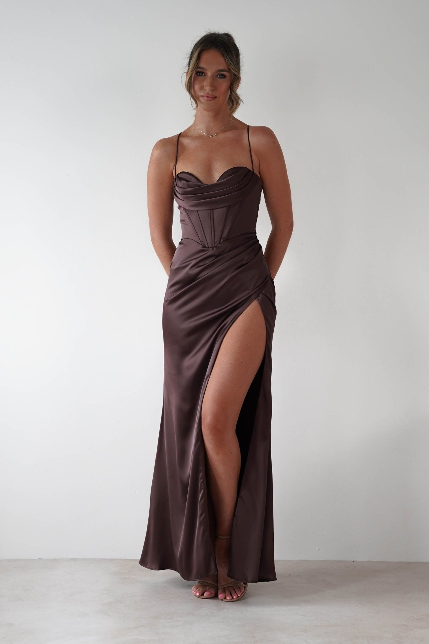 Julianne High Slit Corset Satin Gown | Brown | Debs & Prom
