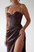 Julianne High Slit Corset Satin Gown | Brown | Debs & Prom | Formal Gown | Oh Hello Clothing