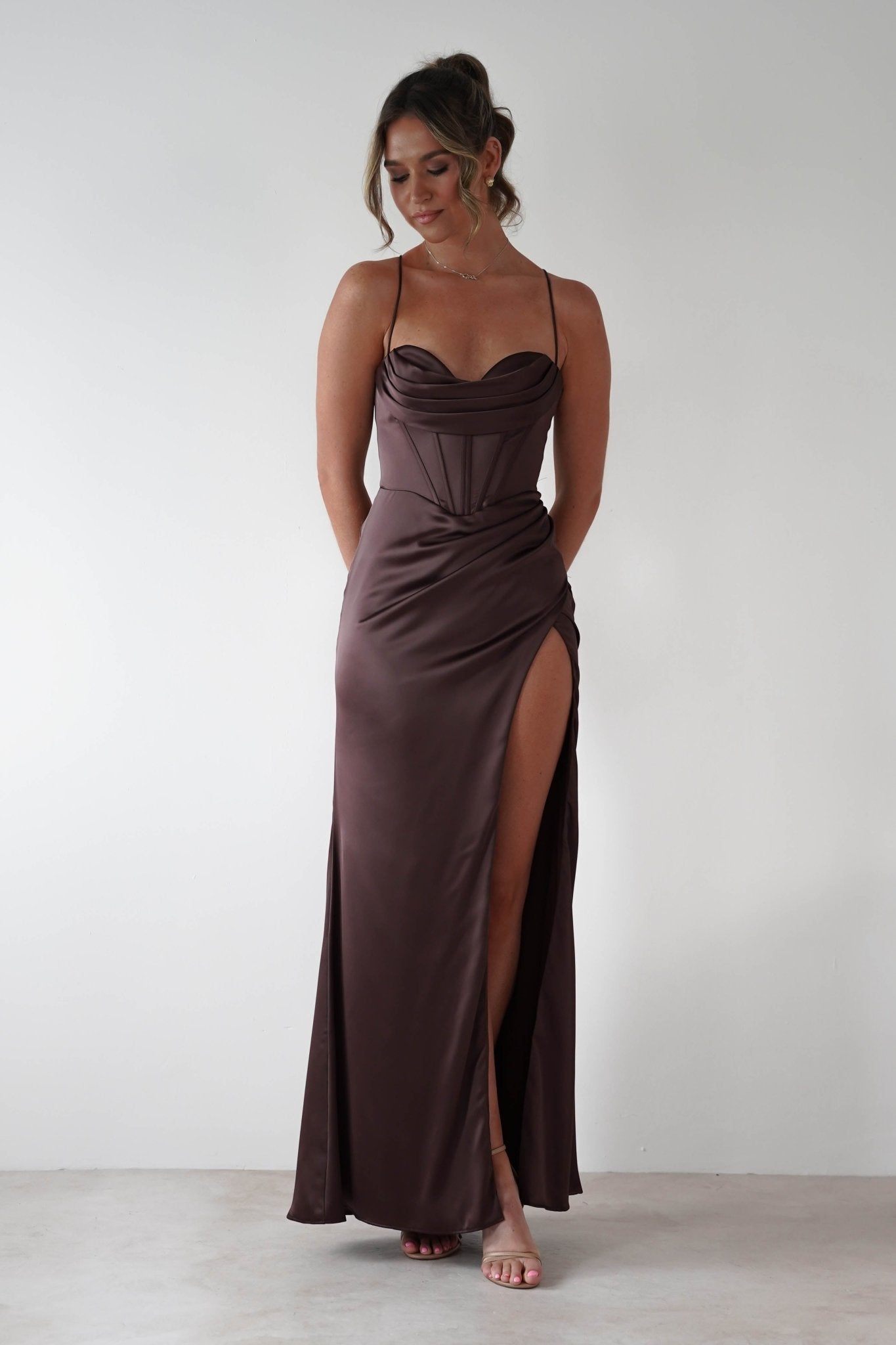 Julianne High Slit Corset Satin Gown | Brown | Oh Hello Clothing | XS (6)