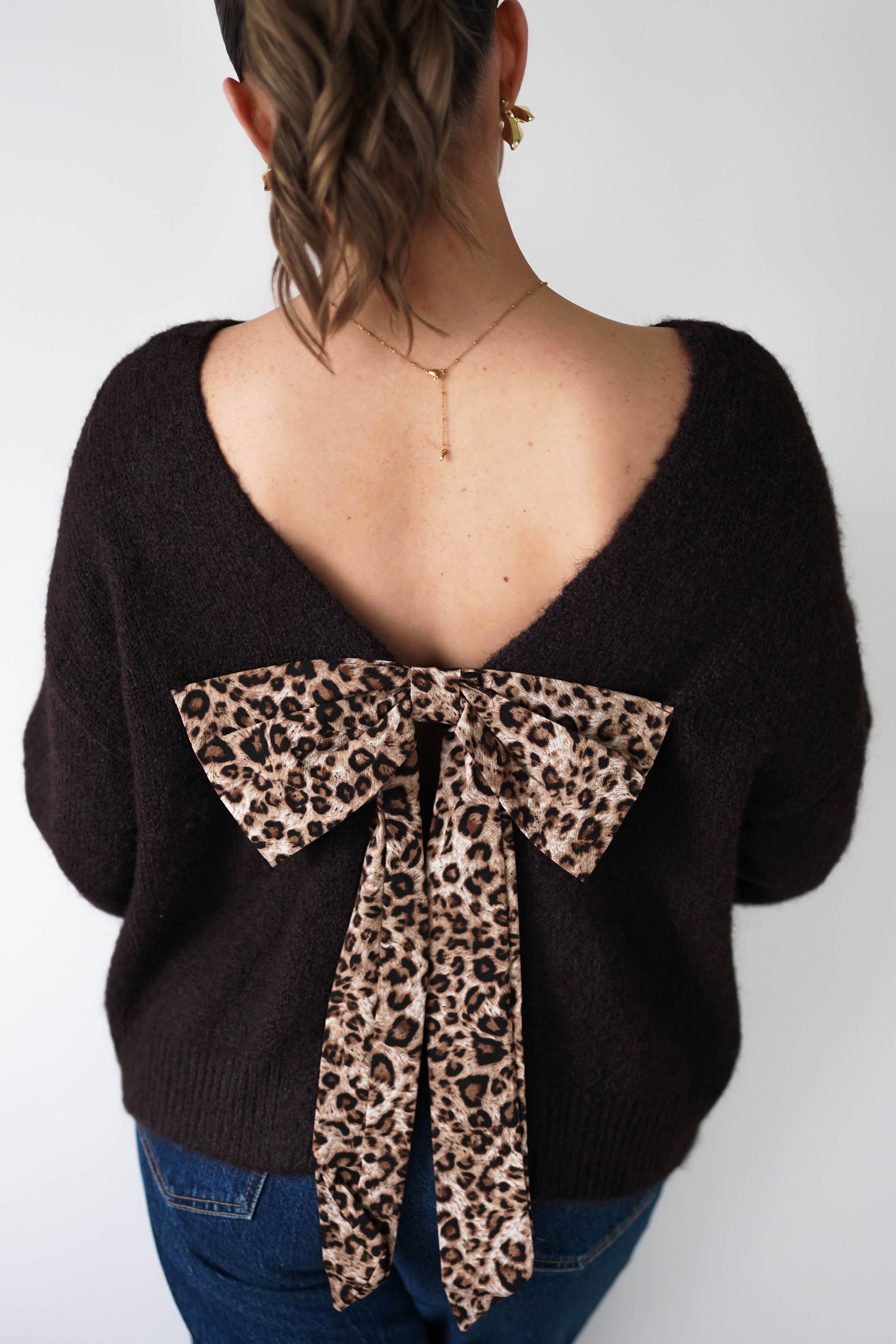 Oh Hello Clothing Women > Clothing > Knitwear ONE SIZE (6/12) Karlie Cosy Knit Jumper Leopard Bow | Brown