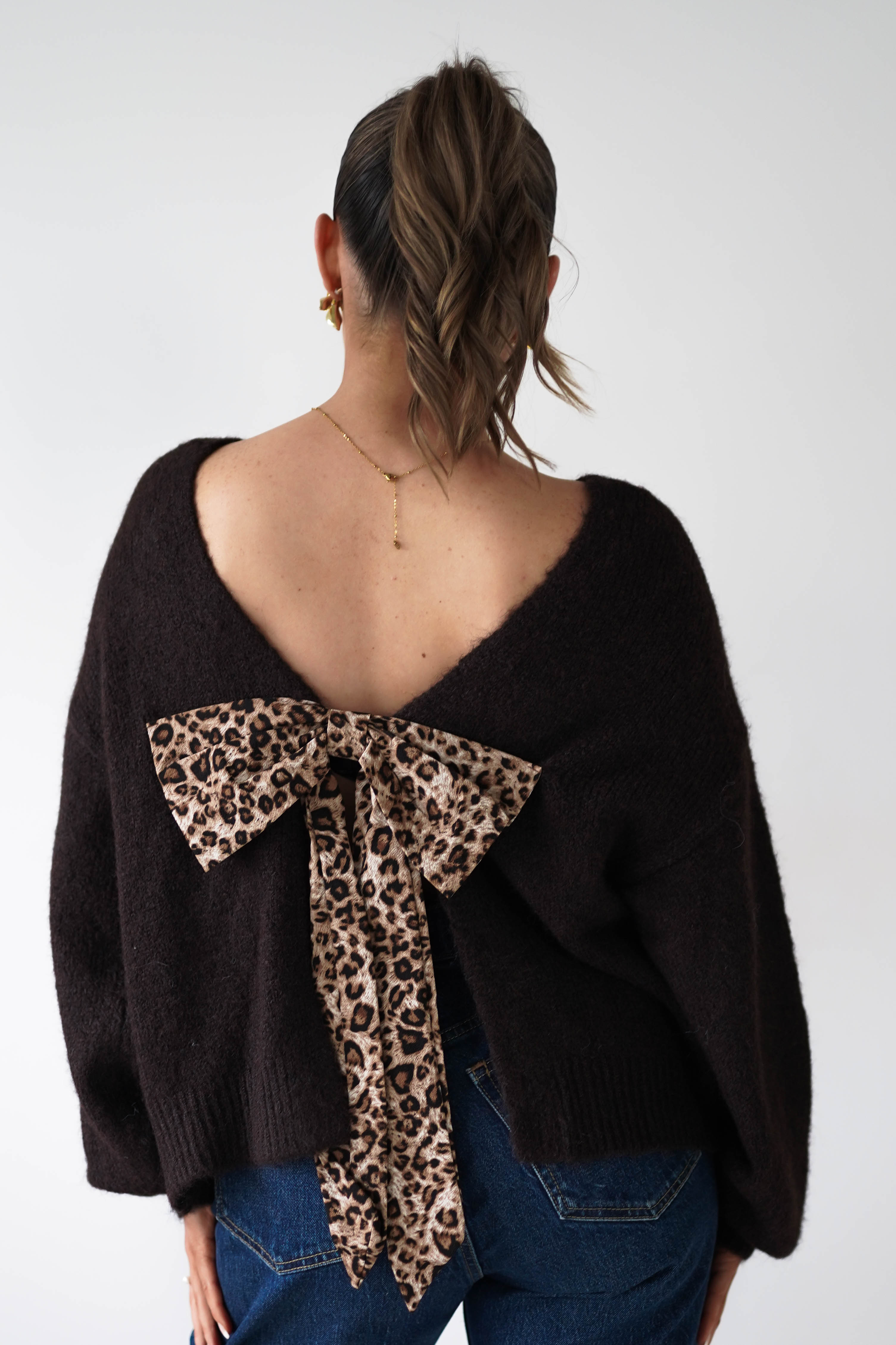 Oh Hello Clothing Women > Clothing > Knitwear ONE SIZE (6/12) Karlie Cosy Knit Jumper Leopard Bow | Brown
