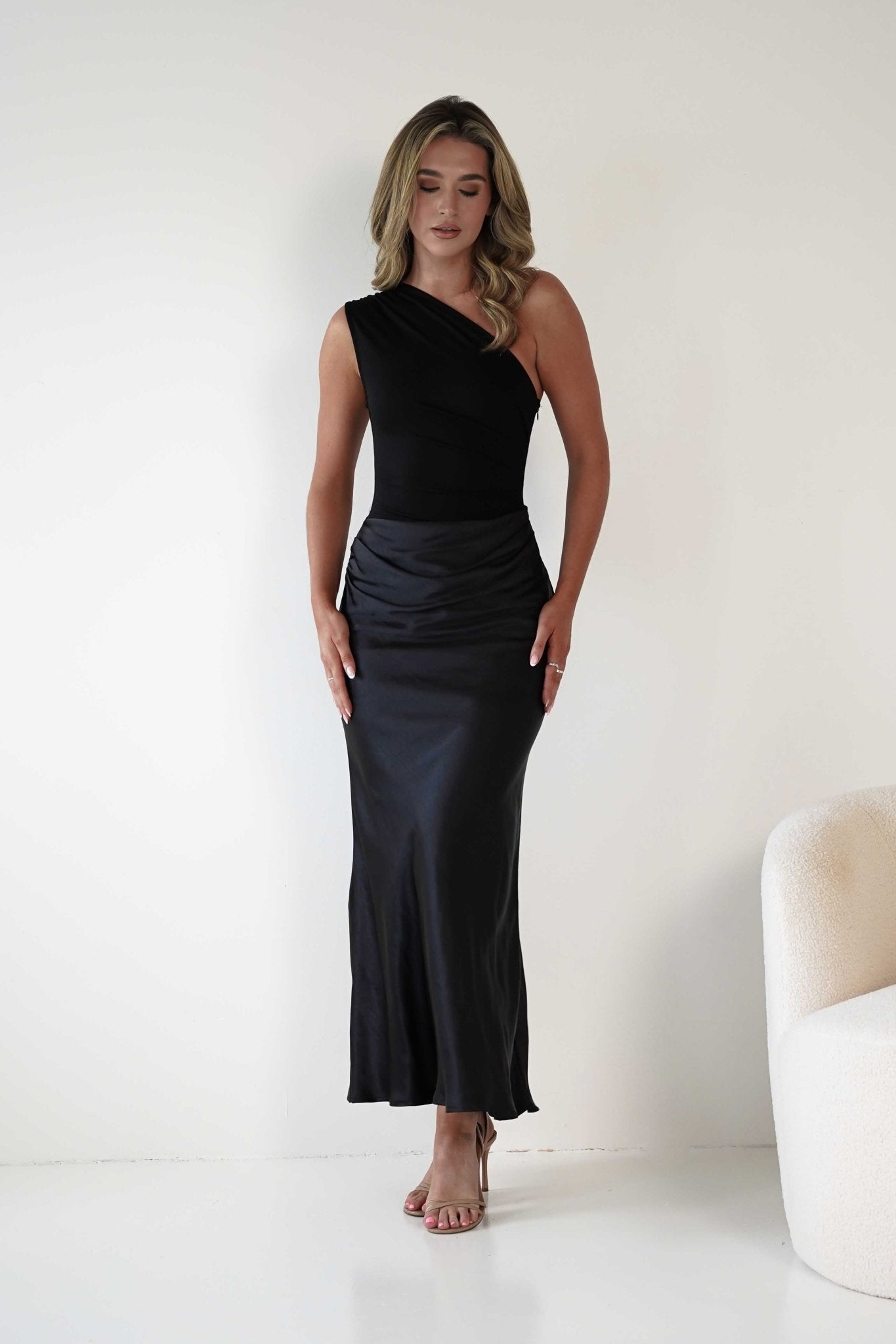 Kashia Draped Satin Maxi Dress | Black | Oh Hello Clothing | XS (6)