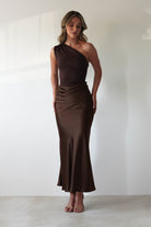 Kashia Draped Satin Maxi Dress Brown | Black Tie Evening Dress | Draped Skirt | Maxi | Oh Hello Clothing