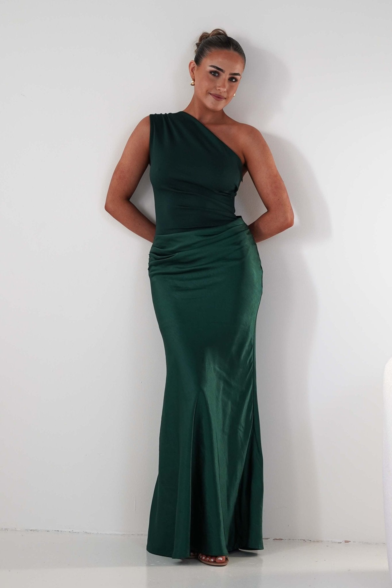 Kashia Draped Satin Maxi Dress Emerald Green | Black Tie Evening Dress | Draped Skirt