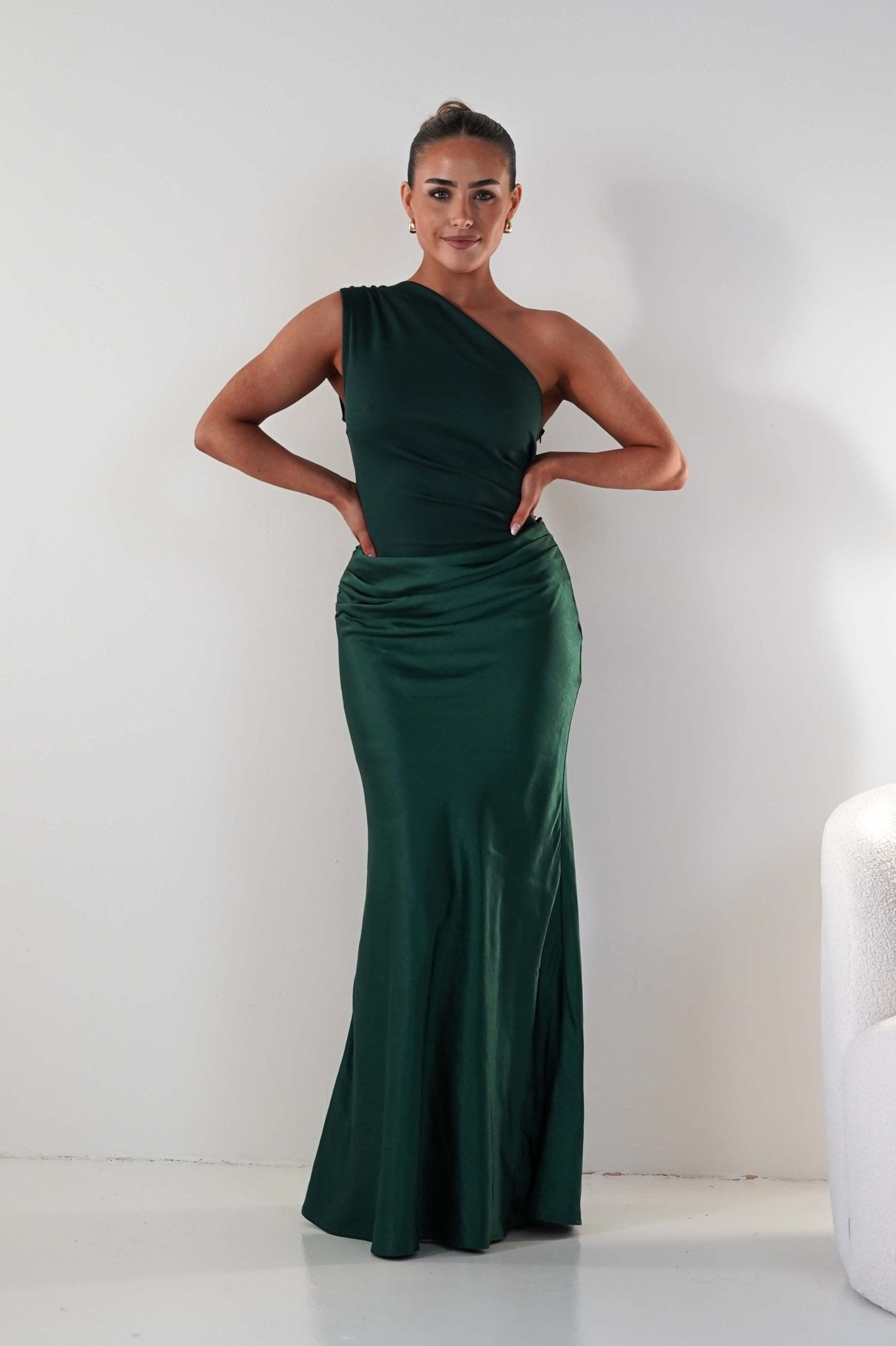 Kashia Draped Satin Maxi Dress Emerald Green | Black Tie Evening Dress | Draped Skirt