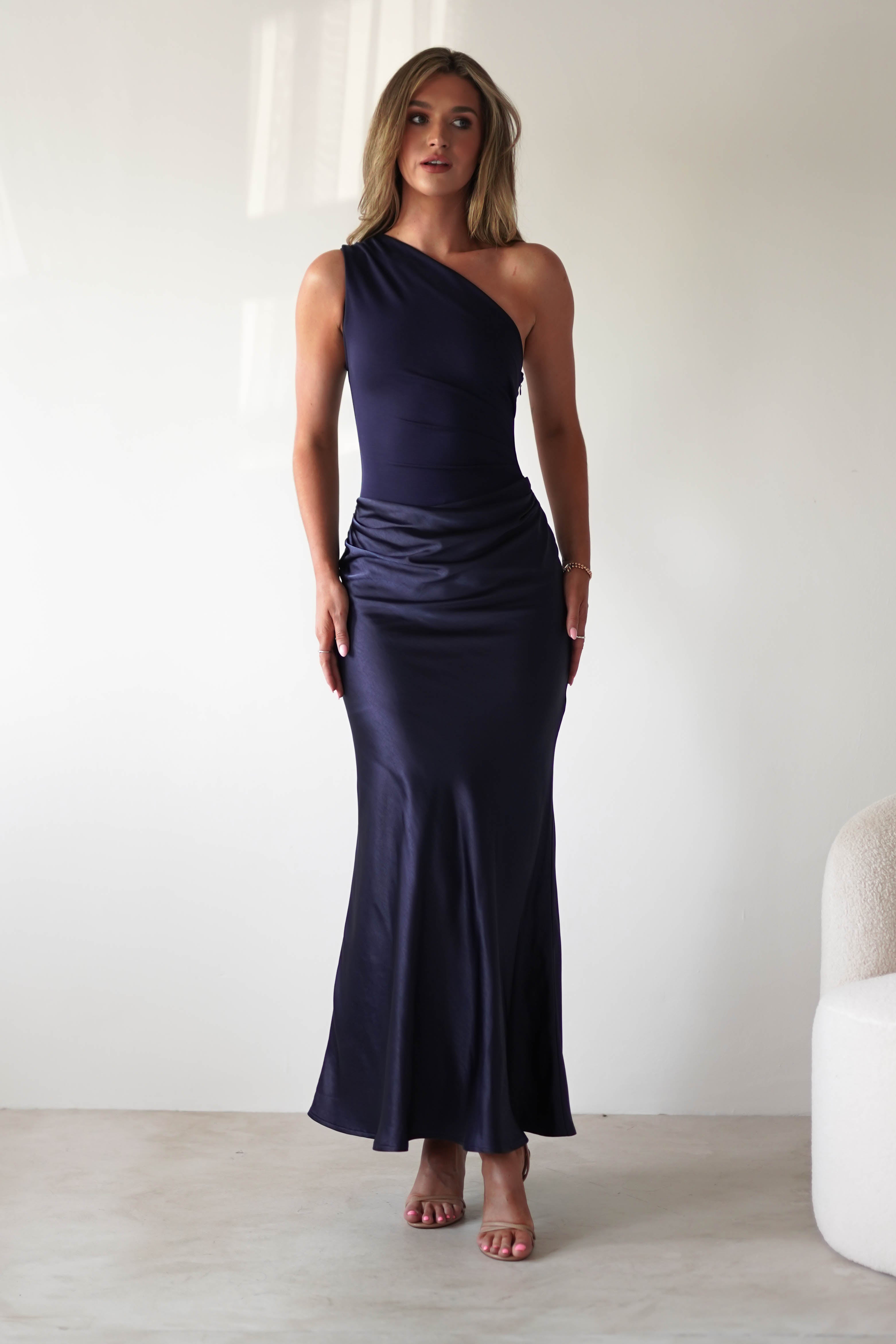 navy black tie dress