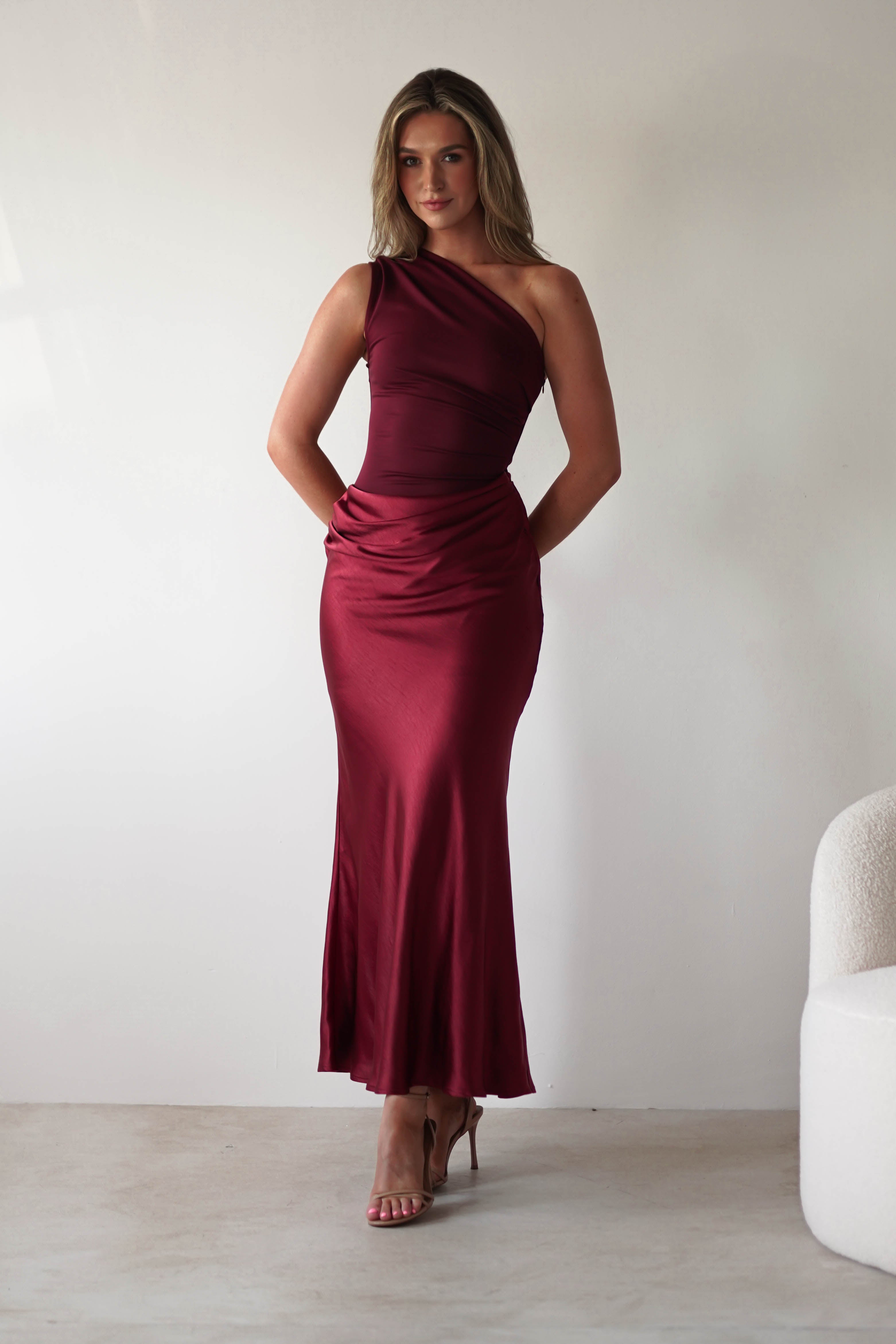 Kashia Draped Satin Maxi Dress | Wine | Oh Hello Clothing | XS (6)