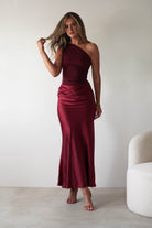 Kashia Draped Satin Maxi Dress Wine | Wedding Guest Dress | Draped Skirt | Maxi | Oh Hello Clothing