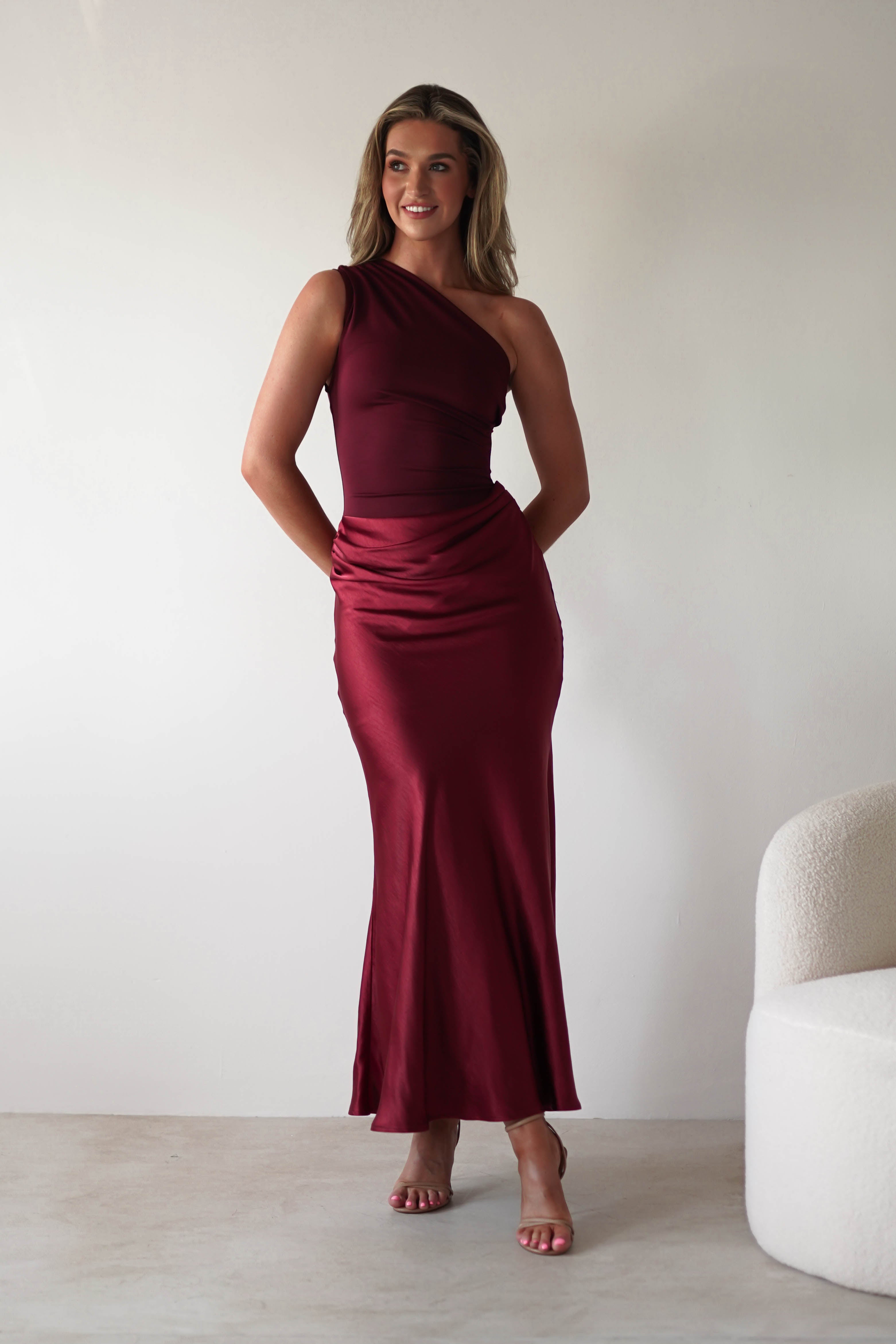 Kashia Draped Satin Maxi Dress | Wine | Oh Hello Clothing | XS (6)
