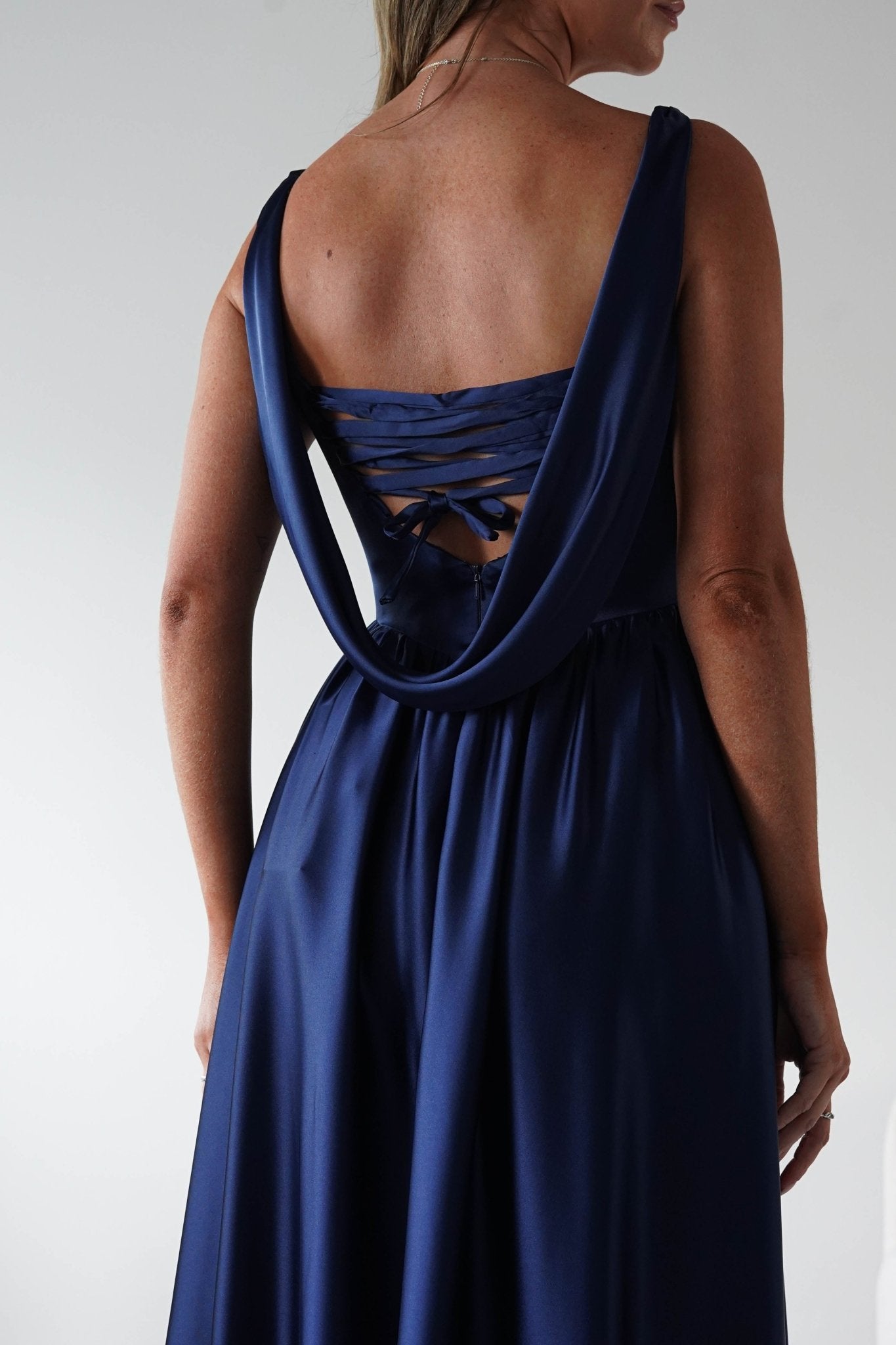 Katalia Cowl Nack Satin Gown | Royal Blue | Oh Hello Clothing | XS (6)