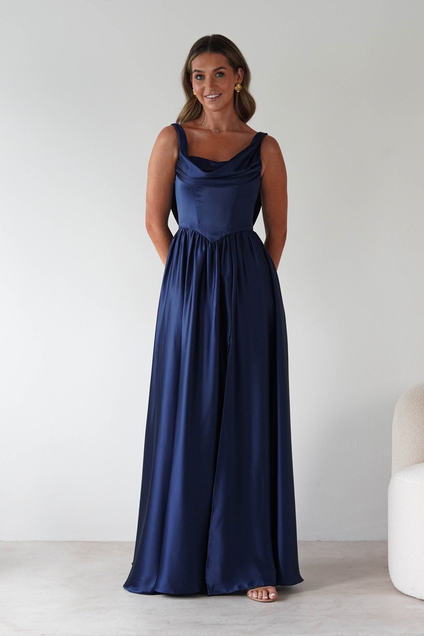 Katalia Cowl Nack Satin Gown | Royal Blue | Oh Hello Clothing | XS (6)