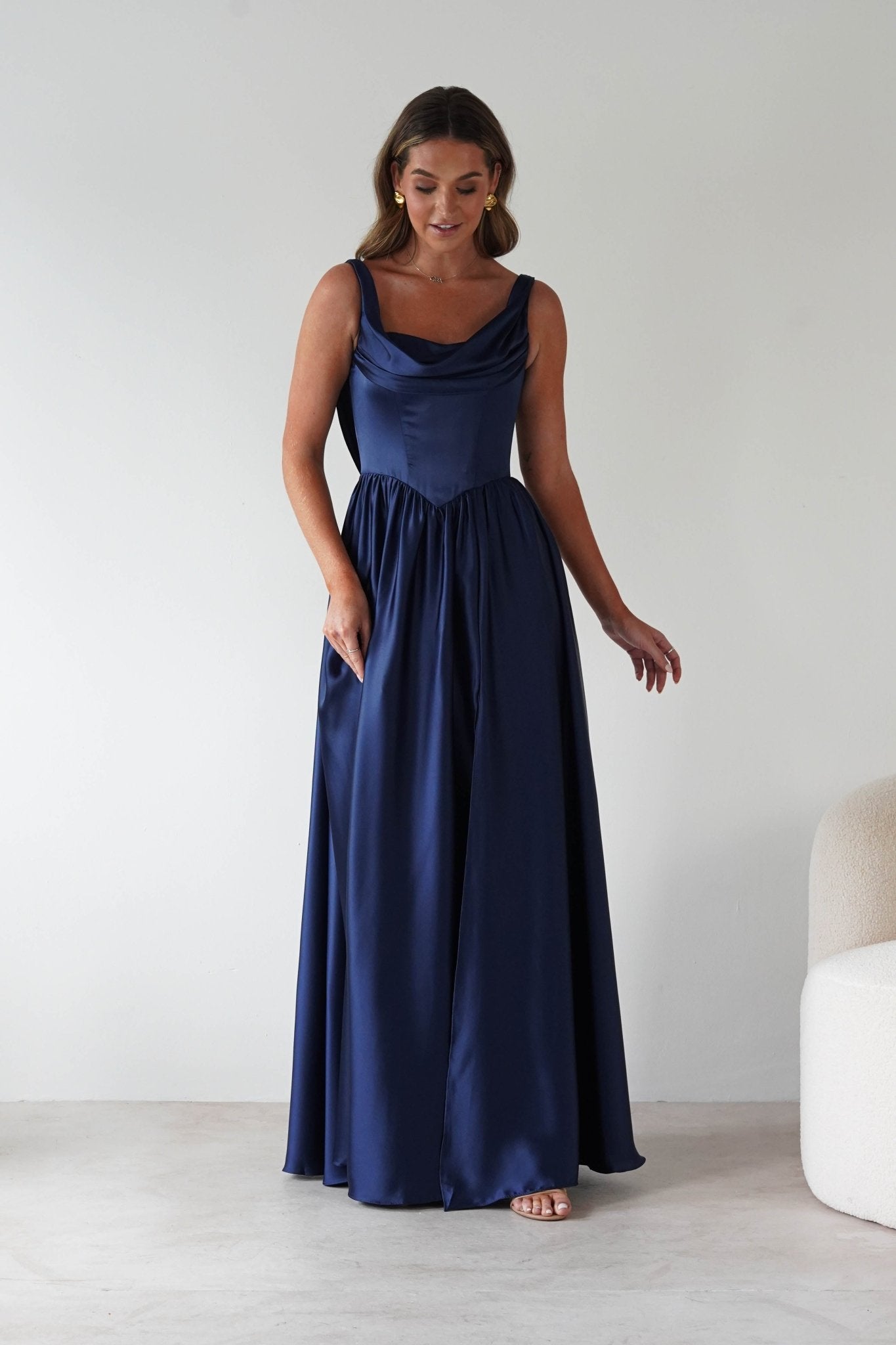 Katalia Cowl Nack Satin Gown | Royal Blue | Oh Hello Clothing | XS (6)