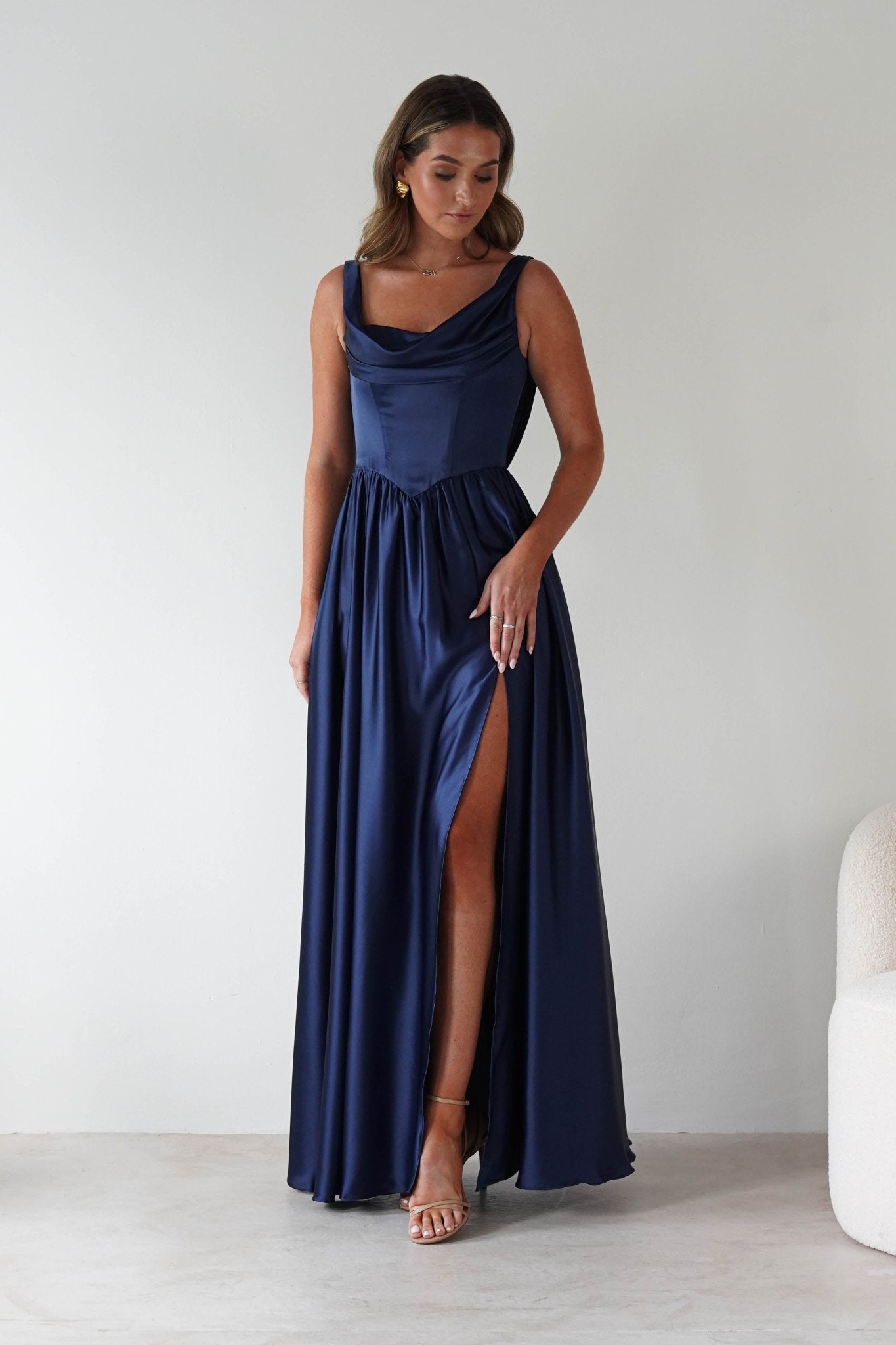 Katalia Cowl Nack Satin Gown | Royal Blue | Oh Hello Clothing | XS (6)