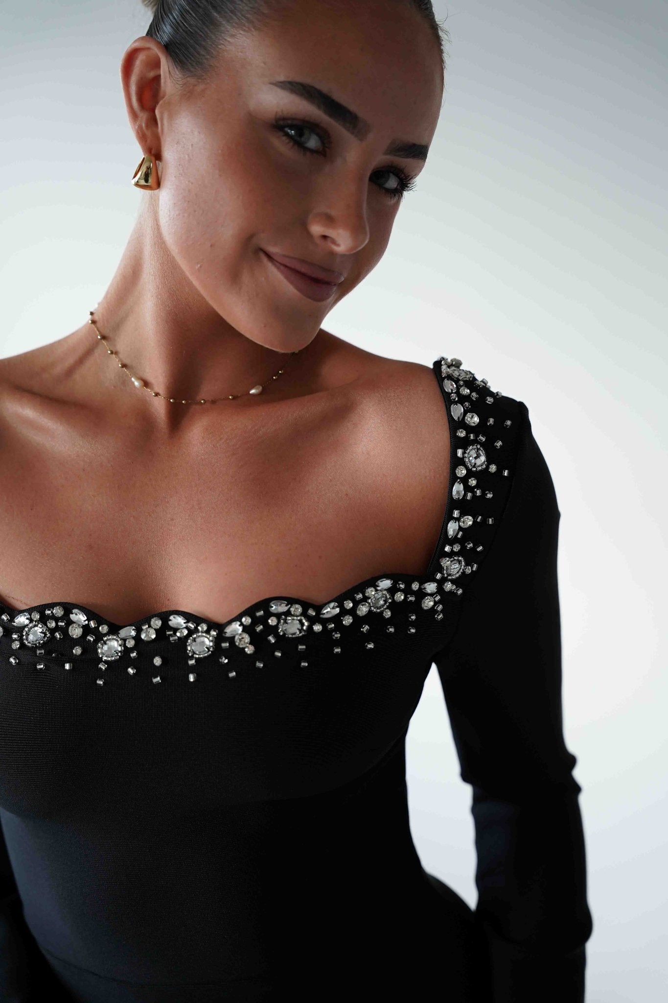 Oh Hello Clothing Dresses 1*DONE - F&P -618028- Black Embellished Square Neck Long Sleeve Midi Dress