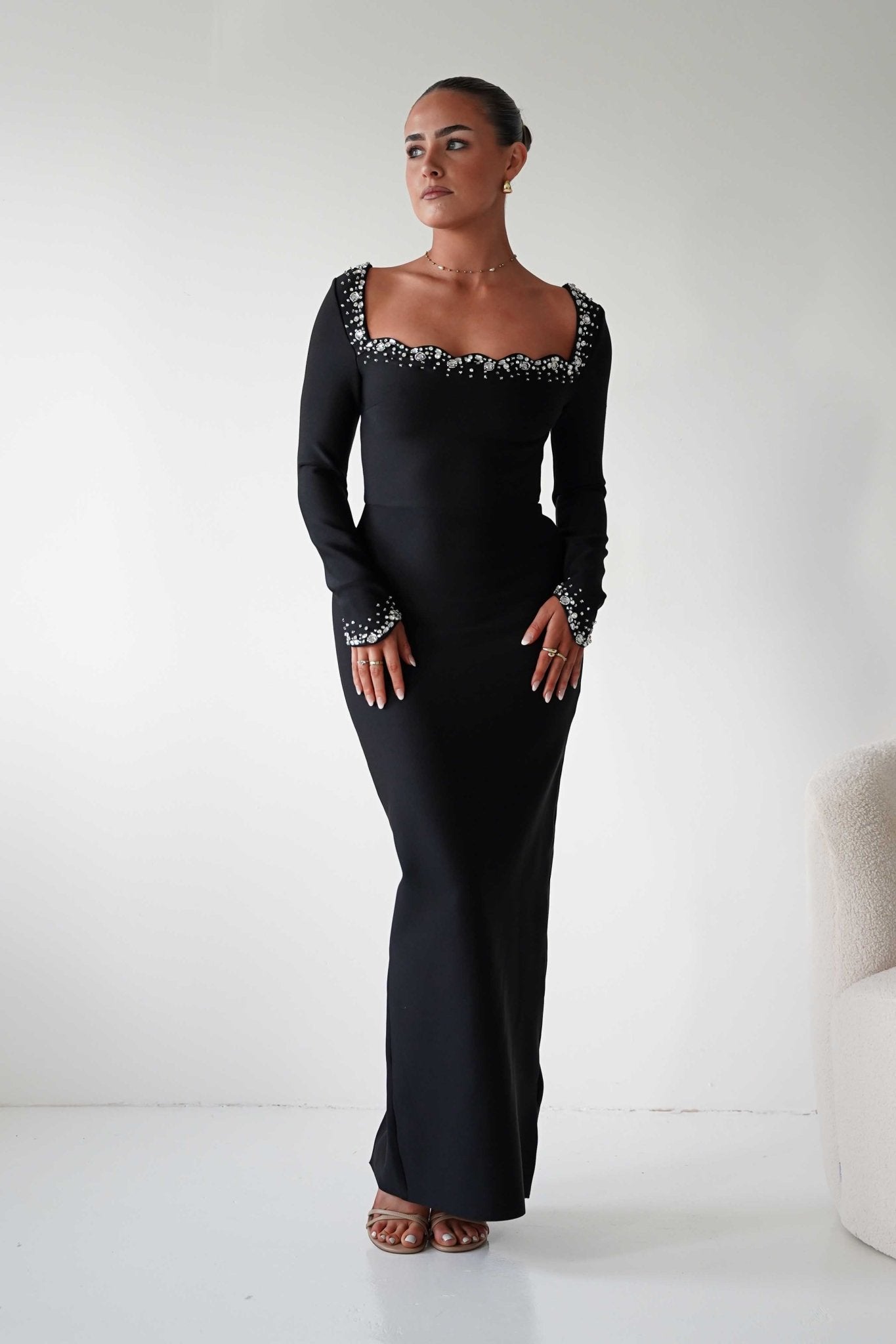 Oh Hello Clothing Dresses 1*DONE - F&P -618028- Black Embellished Square Neck Long Sleeve Midi Dress