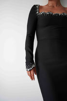 Oh Hello Clothing Dresses 1*DONE - F&P -618028- Black Embellished Square Neck Long Sleeve Midi Dress
