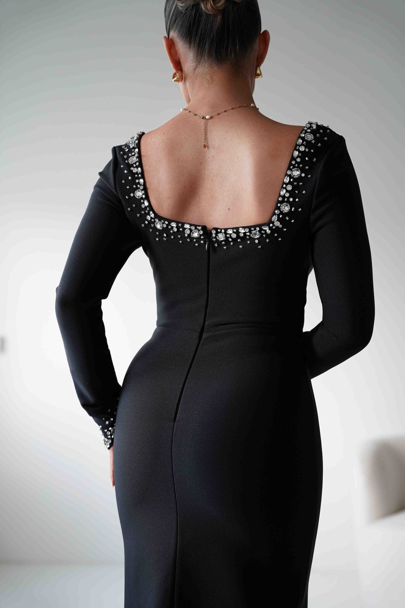 Oh Hello Clothing Dresses 1*DONE - F&P -618028- Black Embellished Square Neck Long Sleeve Midi Dress