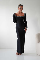 Oh Hello Clothing Dresses 1*DONE - F&P -618028- Black Embellished Square Neck Long Sleeve Midi Dress