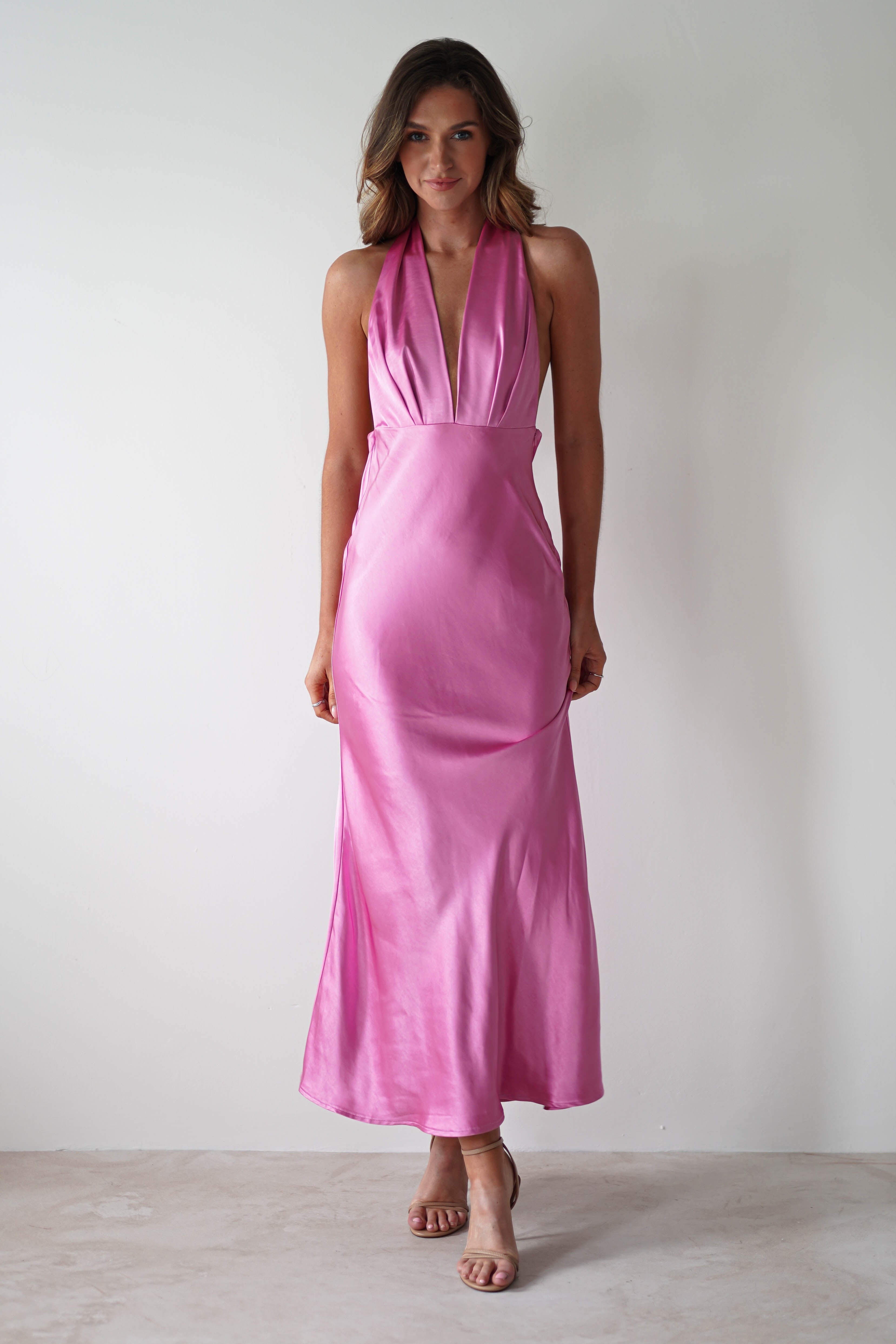 Kaylah Satin Halter Neck Maxi Dress | Bright Pink