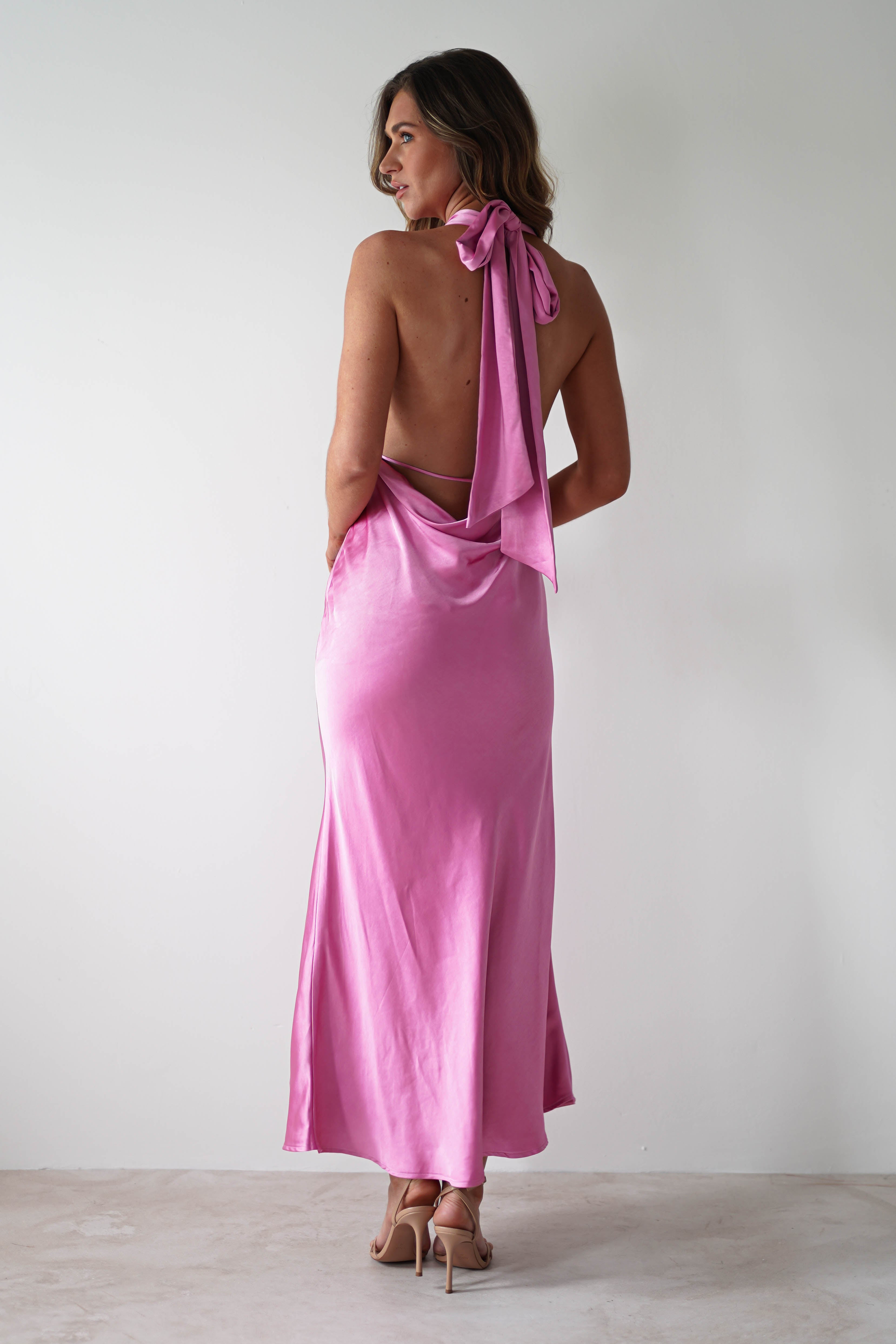 Kaylah Satin Halter Neck Maxi Dress | Bright Pink