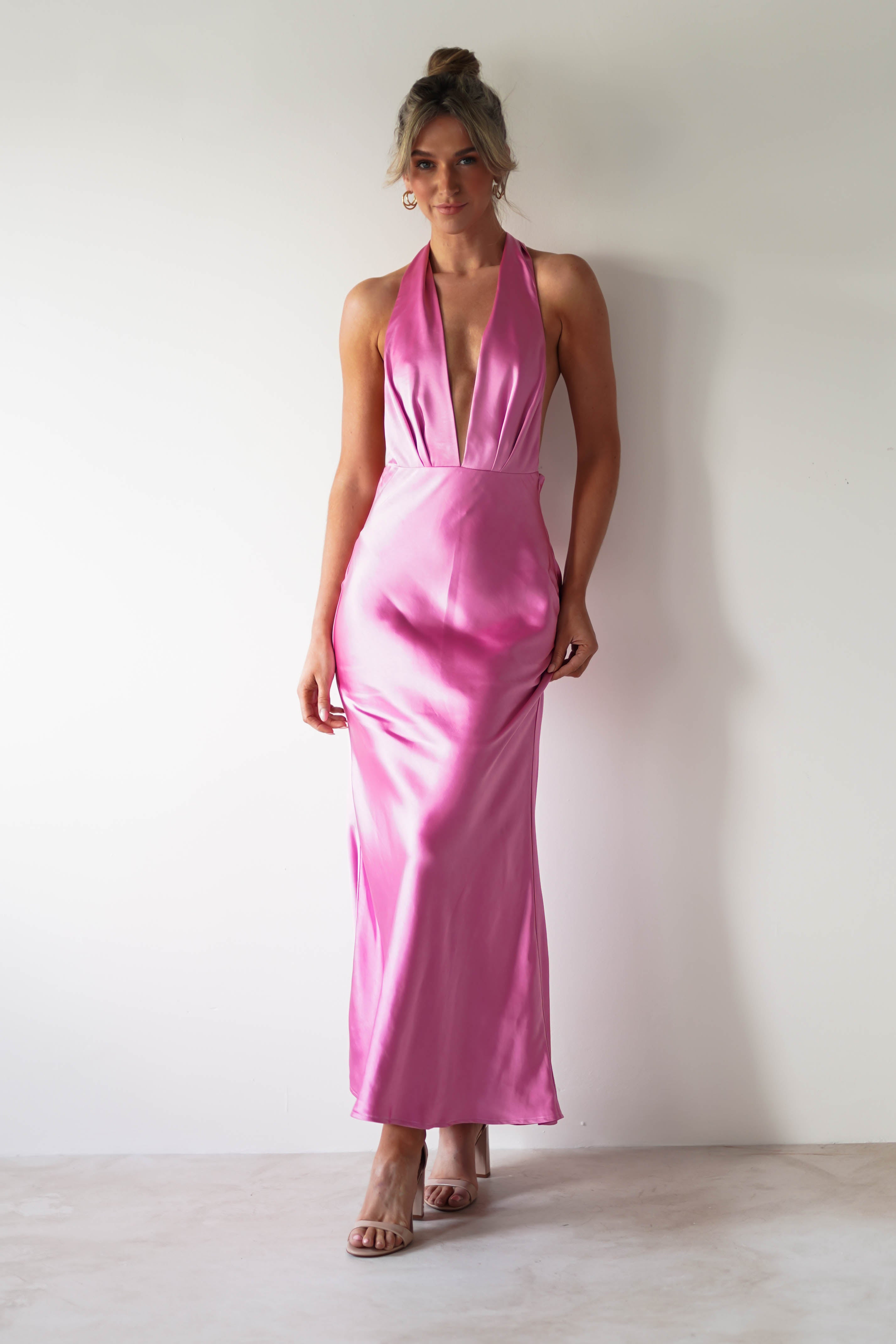 Pink satin halter dress best sale