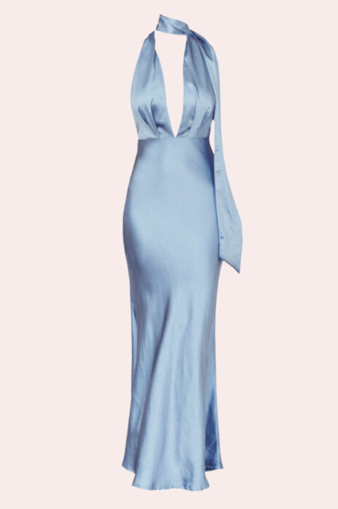 Kaylah Satin Halter Neck Maxi Dress | Light Blue