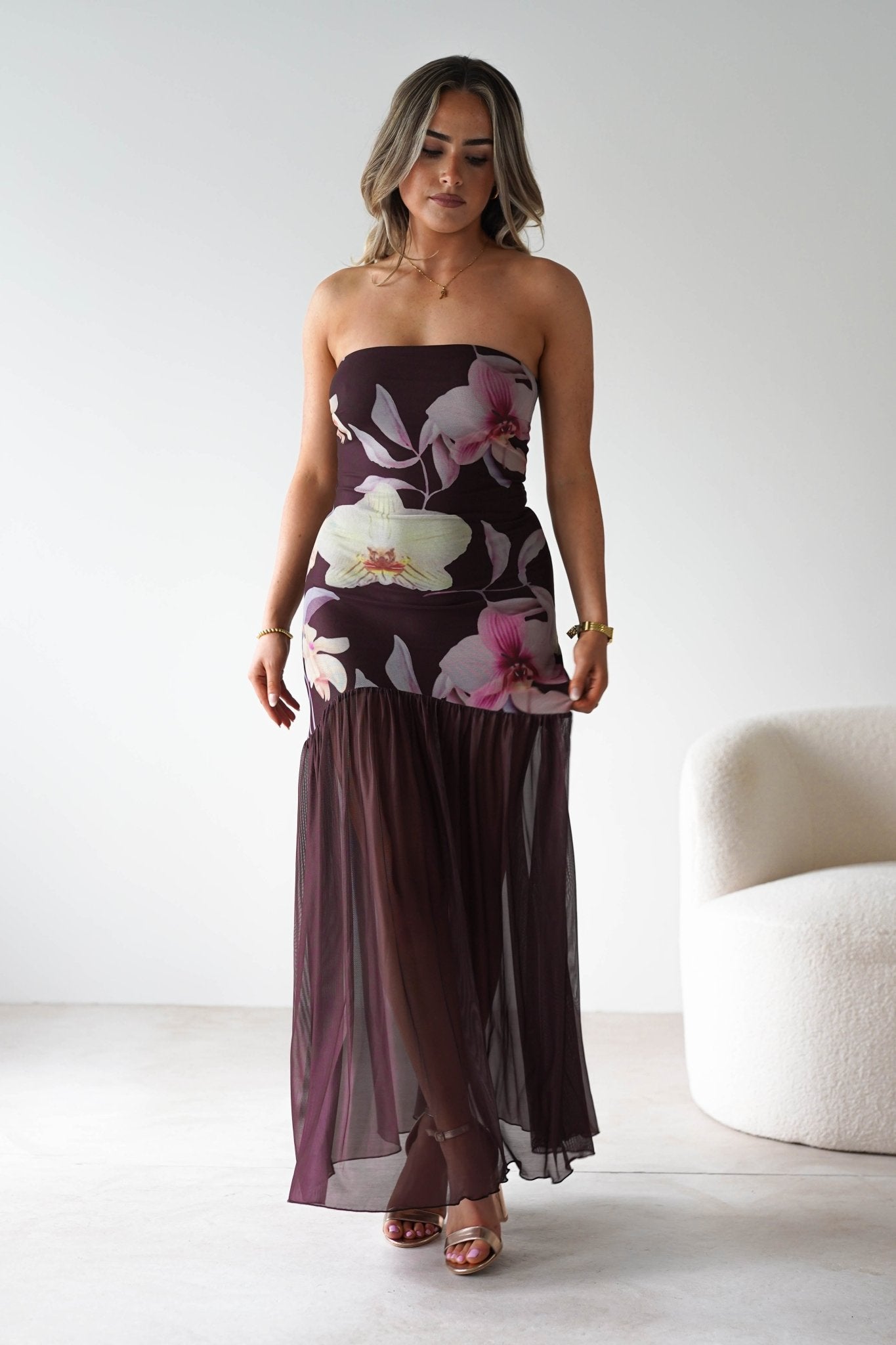 Khalani Strapless Midaxi Dress | Brown Floral | Oh Hello Clothing | XS (6)