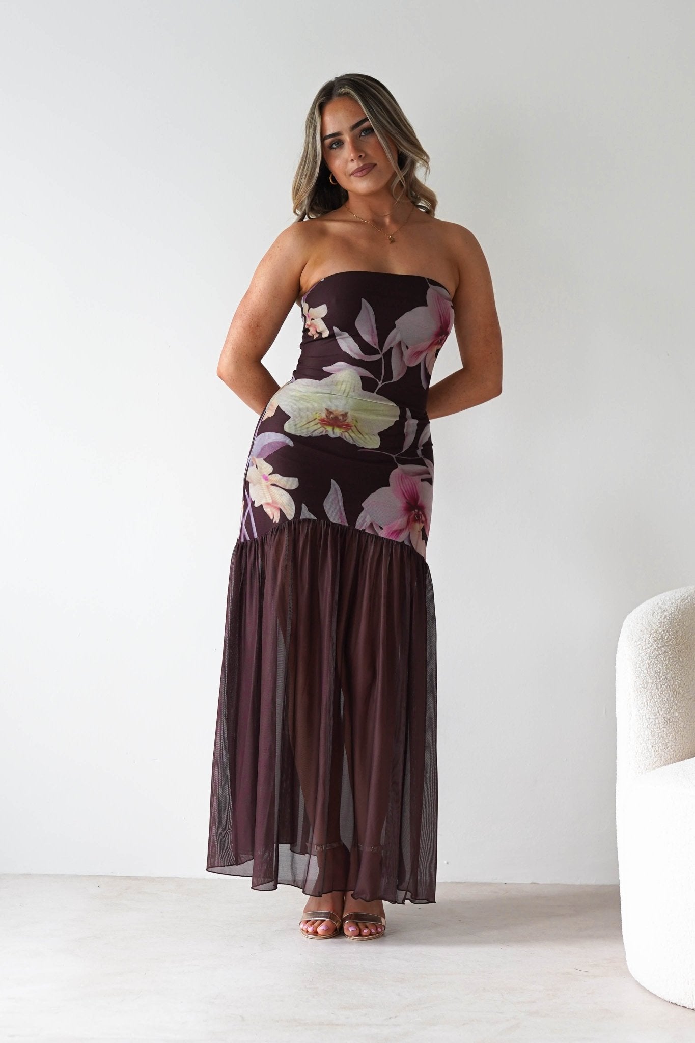 Khalani Strapless Midaxi Dress | Brown Floral | Oh Hello Clothing | XS (6)